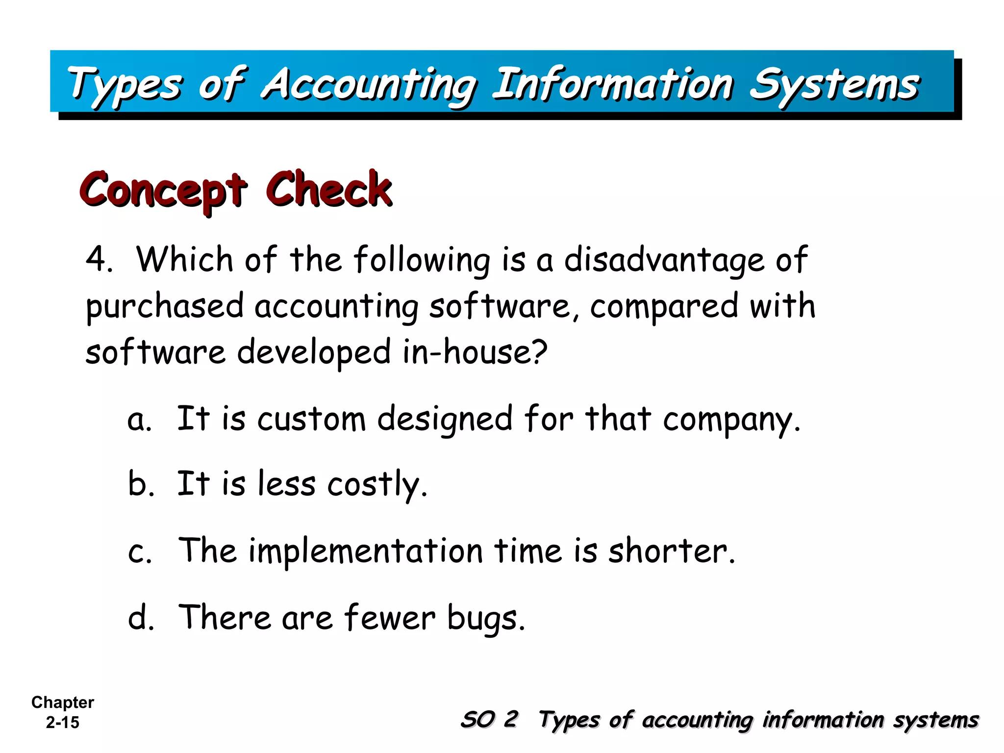 Types of Accounting Information Systems

     Concept Check
      4. Which of the following is a disadvantage of
      purchased accounting software, compared with
      software developed in-house?
          a. It is custom designed for that company.
          b. It is less costly.

          c. The implementation time is shorter.

          d. There are fewer bugs.

Chapter
 2-15                             SO 2 Types of accounting information systems
 