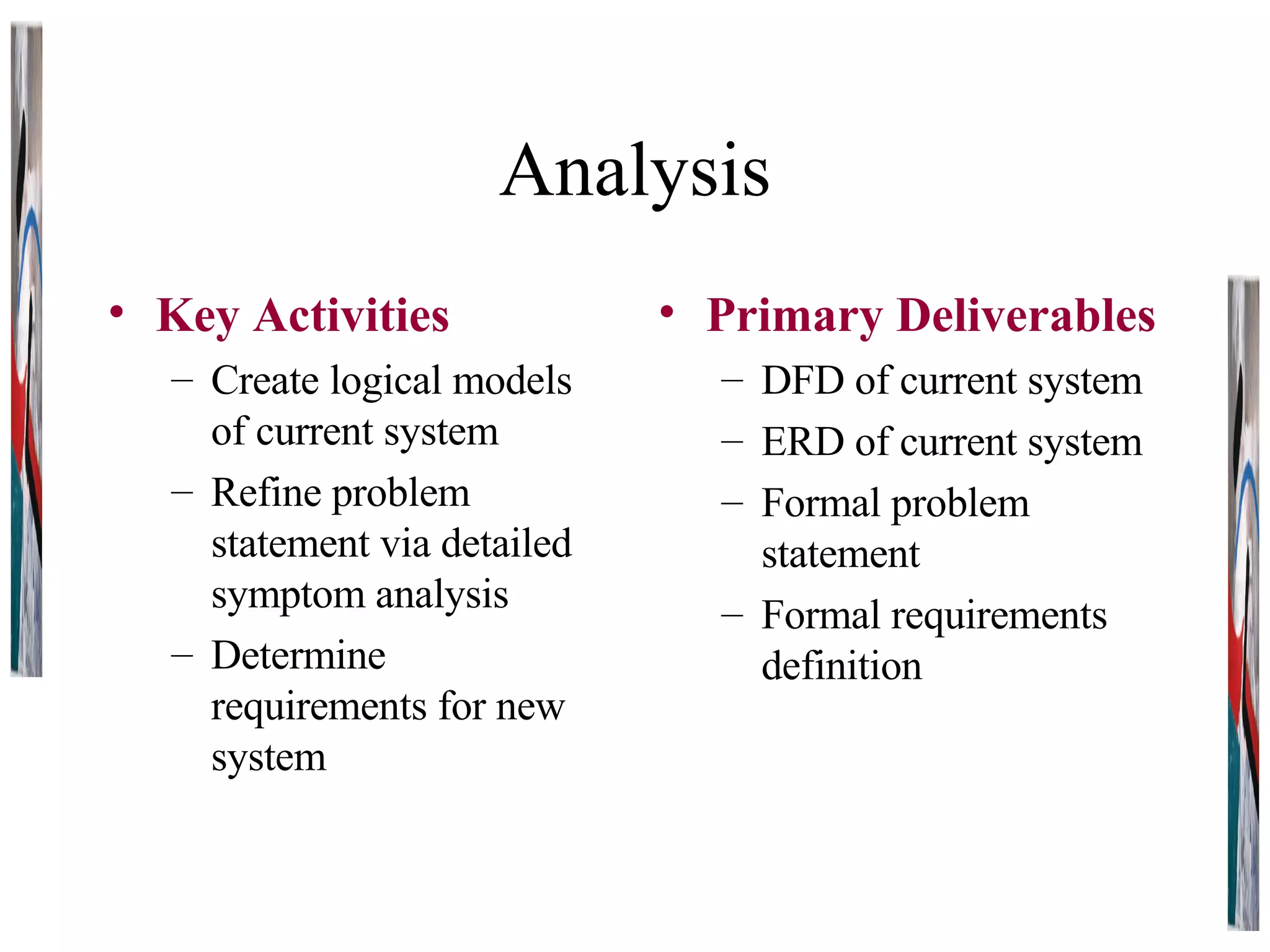 Analysis Key Activities Create logical models of current system Refine problem statement via detailed symptom analysis Determine requirements for new system Primary Deliverables DFD of current system ERD of current system Formal problem statement Formal requirements definition 