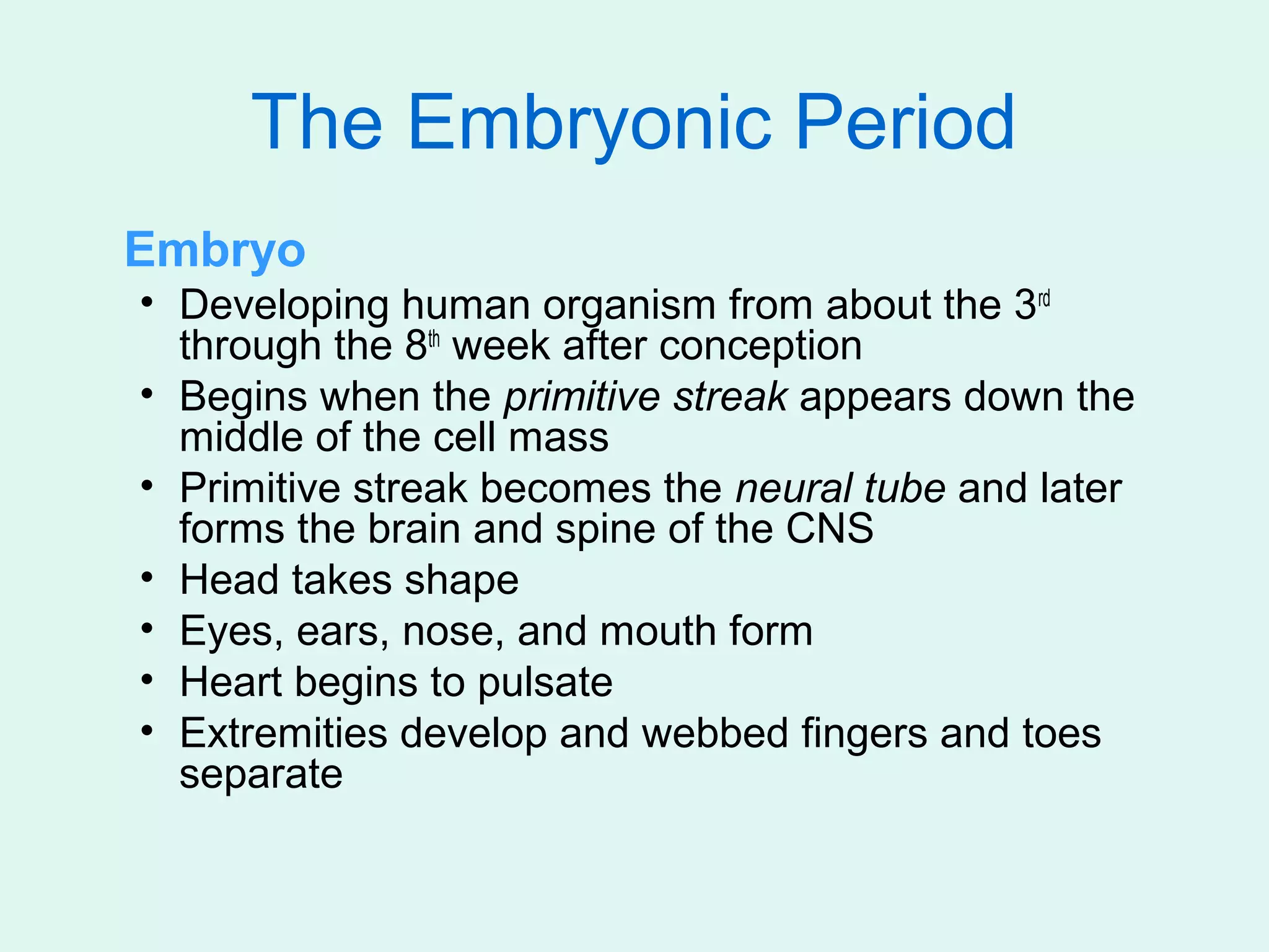 The Embryonic Period
Embryo
• Developing human organism from about the 3rd
  through the 8th week after conception
• Begins when the primitive streak appears down the
  middle of the cell mass
• Primitive streak becomes the neural tube and later
  forms the brain and spine of the CNS
• Head takes shape
• Eyes, ears, nose, and mouth form
• Heart begins to pulsate
• Extremities develop and webbed fingers and toes
  separate
 