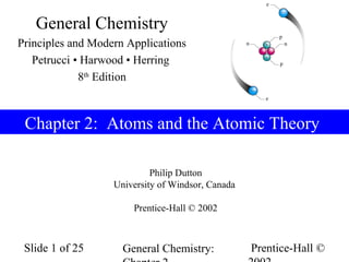 Prentice-Hall ©General Chemistry:Slide 1 of 25
Chapter 2: Atoms and the Atomic Theory
Philip Dutton
University of Windsor, Canada
Prentice-Hall © 2002
General Chemistry
Principles and Modern Applications
Petrucci • Harwood • Herring
8th
Edition
 