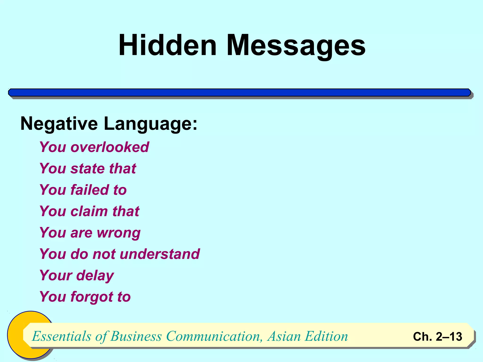 Hidden Messages

Negative Language:
  You overlooked
  You state that
  You failed to
  You claim that
  You are wrong
  You do not understand
  Your delay
  You forgot to

 Essentials of Business Communication, Asian Edition
 Essentials of Business Communication, Asian Edition   Ch. 2–1313
 