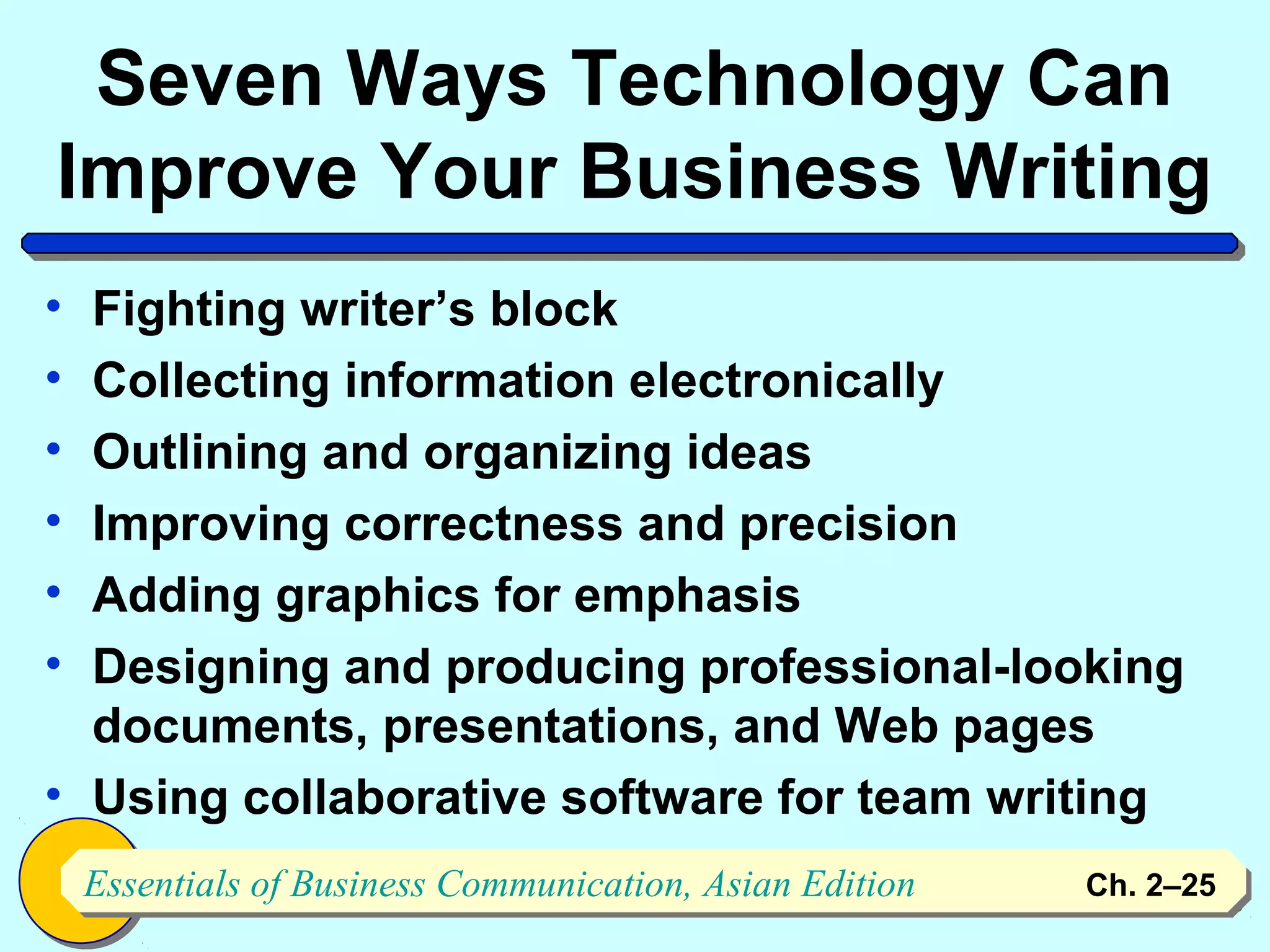 Seven Ways Technology Can
Improve Your Business Writing
• Fighting writer’s block
• Collecting information electronically
• Outlining and organizing ideas
• Improving correctness and precision
• Adding graphics for emphasis
• Designing and producing professional-looking
  documents, presentations, and Web pages
• Using collaborative software for team writing
    Essentials of Business Communication, Asian Edition
    Essentials of Business Communication, Asian Edition   Ch. 2–2525
 