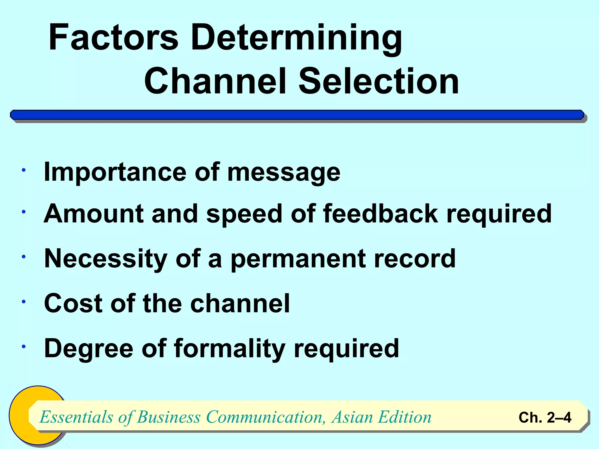 Factors Determining
          Channel Selection

•   Importance of message
•   Amount and speed of feedback required
•   Necessity of a permanent record
•   Cost of the channel
•   Degree of formality required

    Essentials of Business Communication, Asian Edition
    Essentials of Business Communication, Asian Edition   Ch. 2–4   4
 