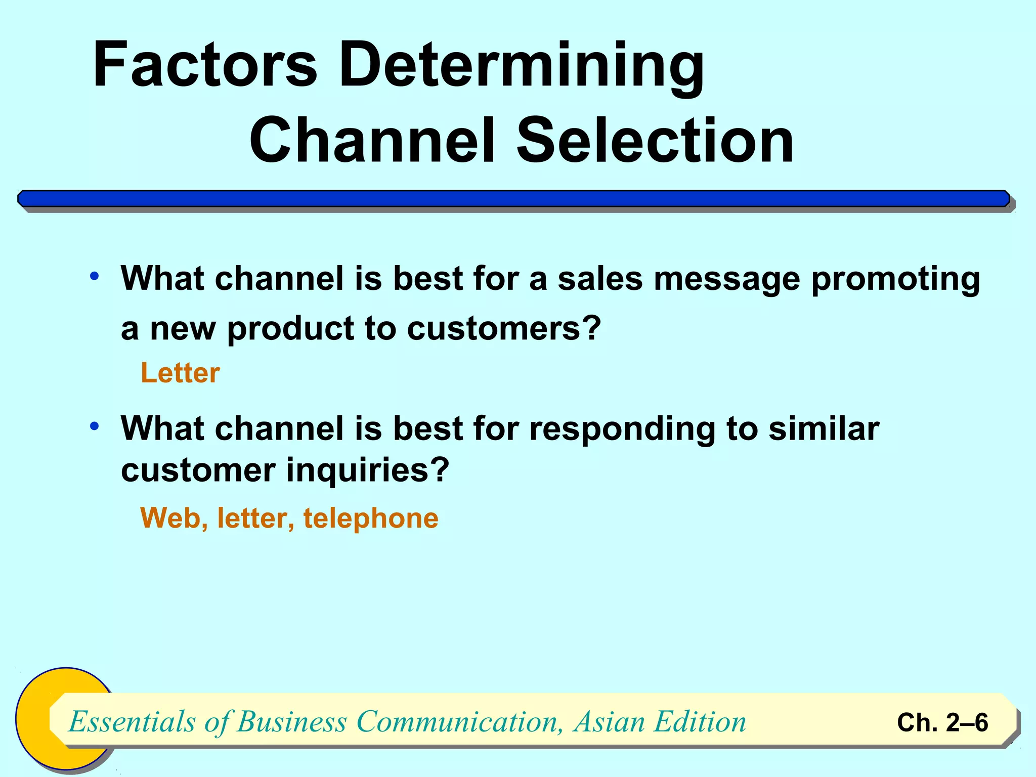 Factors Determining
      Channel Selection
 • What channel is best for a sales message promoting
   a new product to customers?
     Letter
 • What channel is best for responding to similar
   customer inquiries?
     Web, letter, telephone




Essentials of Business Communication, Asian Edition
Essentials of Business Communication, Asian Edition   Ch. 2–6   6
 