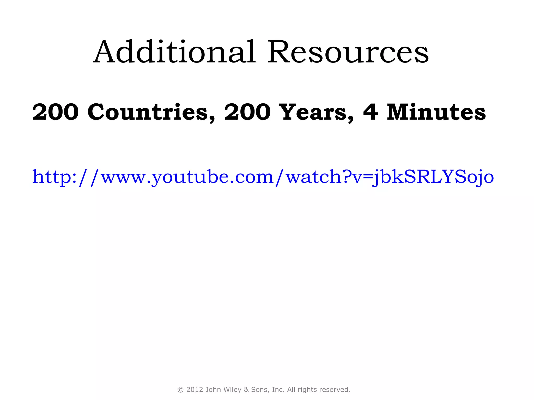 Additional Resources
200 Countries, 200 Years, 4 Minutes

http://www.youtube.com/watch?v=jbkSRLYSojo




             © 2012 John Wiley & Sons, Inc. All rights reserved.
 