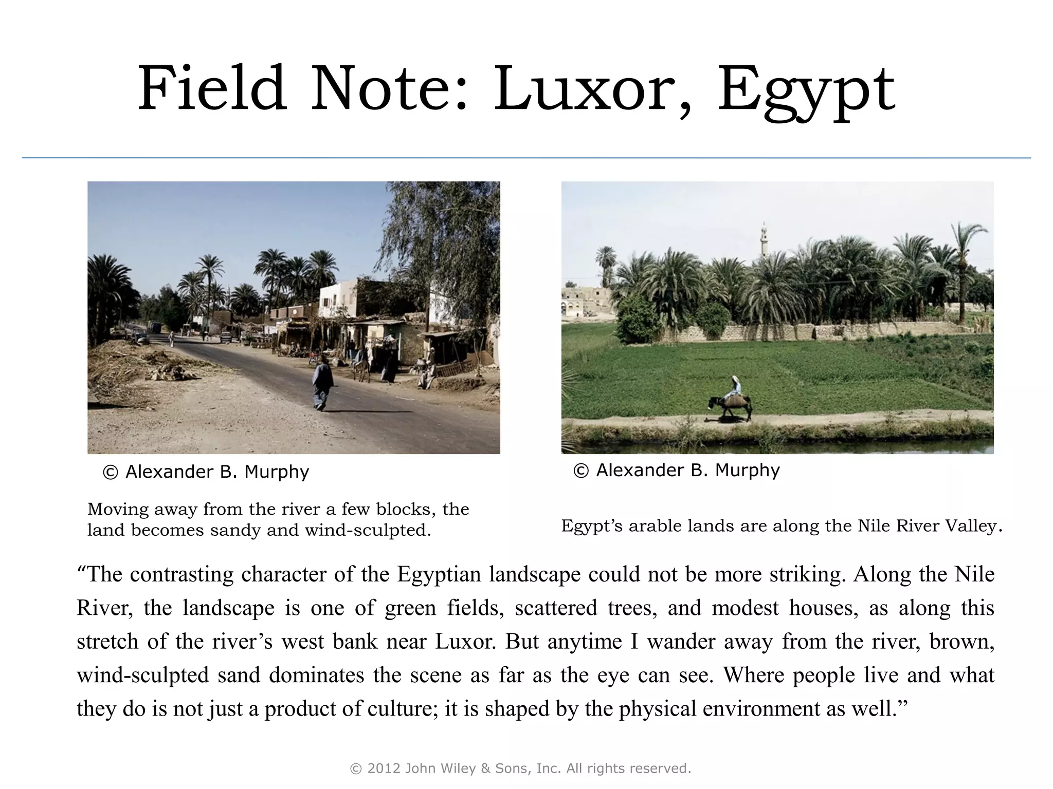Field Note: Luxor, Egypt




  © Alexander B. Murphy                                         © Alexander B. Murphy

 Moving away from the river a few blocks, the
 land becomes sandy and wind-sculpted.                        Egypt’s arable lands are along the Nile River Valley.

“The contrasting character of the Egyptian landscape could not be more striking. Along the Nile
River, the landscape is one of green fields, scattered trees, and modest houses, as along this
stretch of the river’s west bank near Luxor. But anytime I wander away from the river, brown,
wind-sculpted sand dominates the scene as far as the eye can see. Where people live and what
they do is not just a product of culture; it is shaped by the physical environment as well.”

                               © 2012 John Wiley & Sons, Inc. All rights reserved.
 