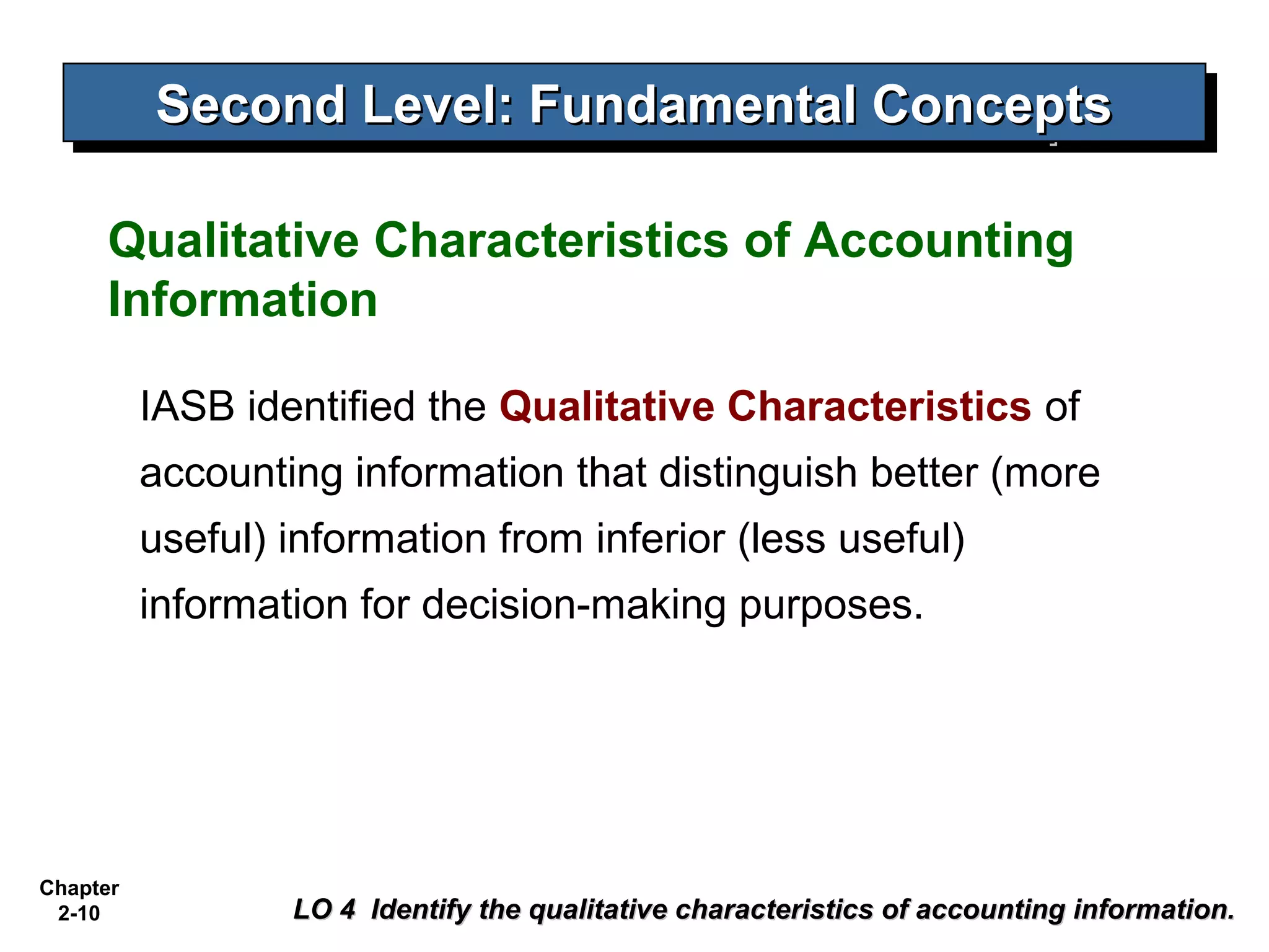 Second Level: Fundamental Concepts
          Second Level: Fundamental Concepts

     Qualitative Characteristics of Accounting
     Information

          IASB identified the Qualitative Characteristics of
          accounting information that distinguish better (more
          useful) information from inferior (less useful)
          information for decision-making purposes.




Chapter
 2-10             LO 4 Identify the qualitative characteristics of accounting information.
 
