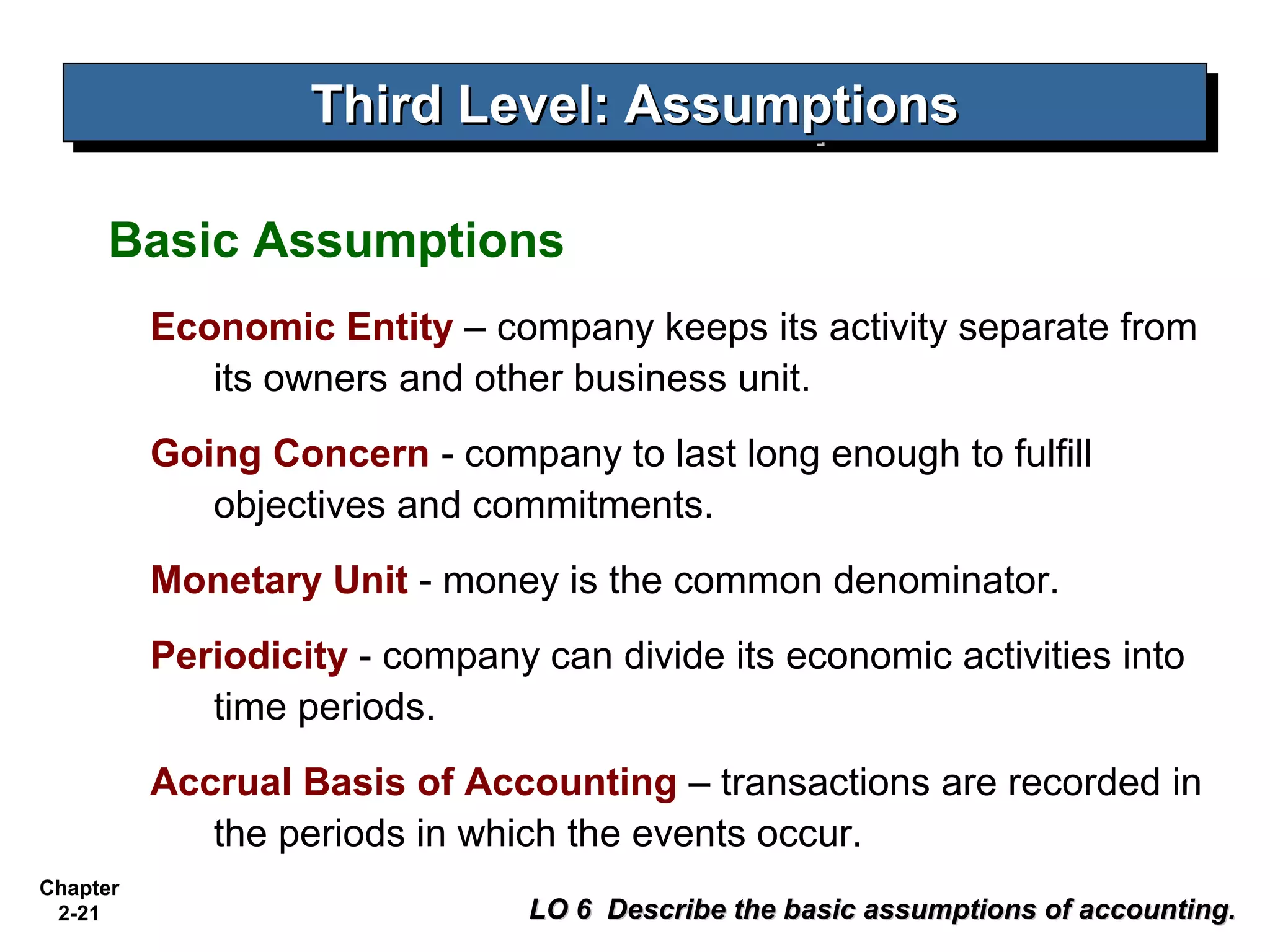 Third Level: Assumptions
                   Third Level: Assumptions

     Basic Assumptions
          Economic Entity – company keeps its activity separate from
             its owners and other business unit.
          Going Concern - company to last long enough to fulfill
             objectives and commitments.
          Monetary Unit - money is the common denominator.
          Periodicity - company can divide its economic activities into
             time periods.
          Accrual Basis of Accounting – transactions are recorded in
             the periods in which the events occur.
Chapter
 2-21                           LO 6 Describe the basic assumptions of accounting.
 