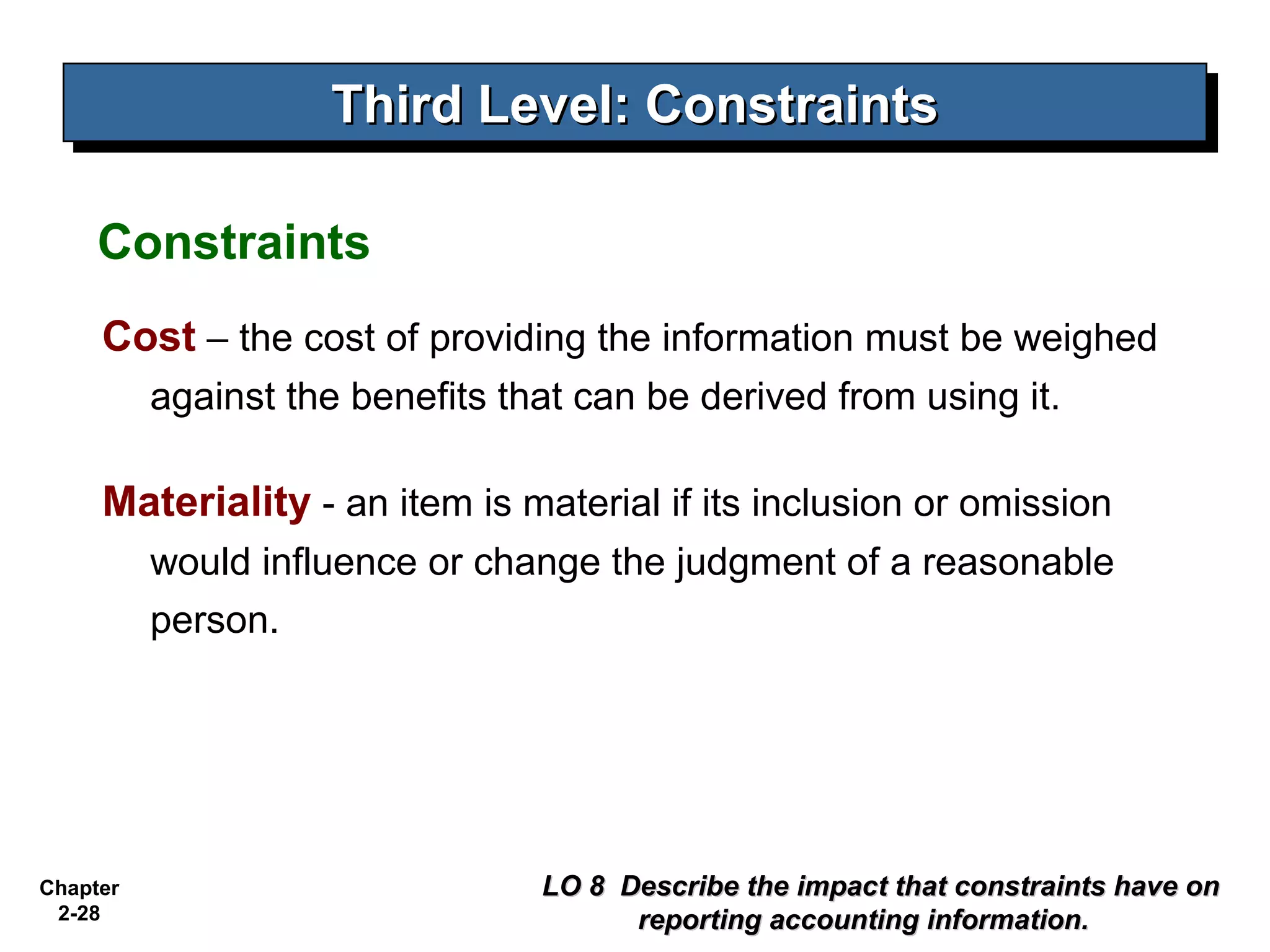 Third Level: Constraints
                    Third Level: Constraints

     Constraints
     Cost – the cost of providing the information must be weighed
          against the benefits that can be derived from using it.

     Materiality - an item is material if its inclusion or omission
          would influence or change the judgment of a reasonable
          person.




Chapter                          LO 8 Describe the impact that constraints have on
 2-28                                  reporting accounting information.
 