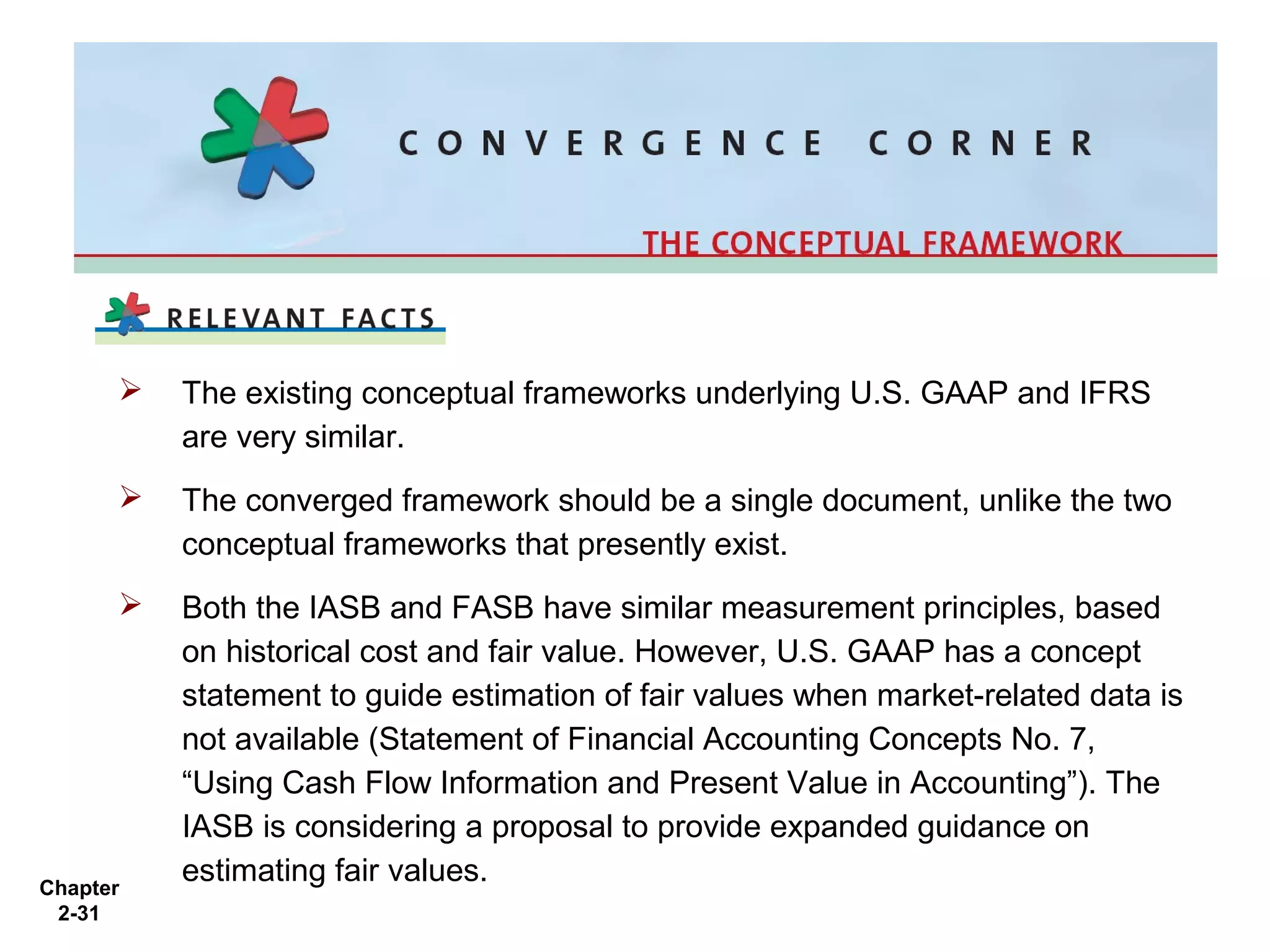    The existing conceptual frameworks underlying U.S. GAAP and IFRS
          are very similar.
         The converged framework should be a single document, unlike the two
          conceptual frameworks that presently exist.
         Both the IASB and FASB have similar measurement principles, based
          on historical cost and fair value. However, U.S. GAAP has a concept
          statement to guide estimation of fair values when market-related data is
          not available (Statement of Financial Accounting Concepts No. 7,
          “Using Cash Flow Information and Present Value in Accounting”). The
          IASB is considering a proposal to provide expanded guidance on
Chapter
          estimating fair values.
 2-31
 