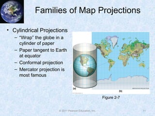 Families of Map Projections
• Cylindrical Projections
– “Wrap” the globe in a
cylinder of paper
– Paper tangent to Earth
at equator
– Conformal projection
– Mercator projection is
most famous
11© 2011 Pearson Education, Inc.
Figure 2-7
 