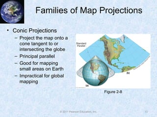 Families of Map Projections
• Conic Projections
– Project the map onto a
cone tangent to or
intersecting the globe
– Principal parallel
– Good for mapping
small areas on Earth
– Impractical for global
mapping
13© 2011 Pearson Education, Inc.
Figure 2-8
 