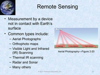 Remote Sensing
• Measurement by a device
not in contact with Earth’s
surface
• Common types include:
– Aerial Photographs
– Orthophoto maps
– Visible Light and Infrared
(IR) Scanning
– Thermal IR scanning
– Radar and Sonar
– Many others
21© 2011 Pearson Education, Inc.
Aerial Photography—Figure 2-20
 