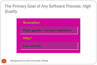 The Primary Goal of Any Software Process: High
Quality
13
Remember:Remember:
High quality = project timelinessHigh quality = project timeliness
Why?Why?
Less rework!Less rework!
Balaganesh-Lincoln university college
 