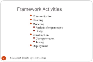 Framework Activities
4
Communication
Planning
Modeling
Analysis of requirements
Design
Construction
Code generation
Testing
Deployment
Balaganesh-Lincoln university college
 