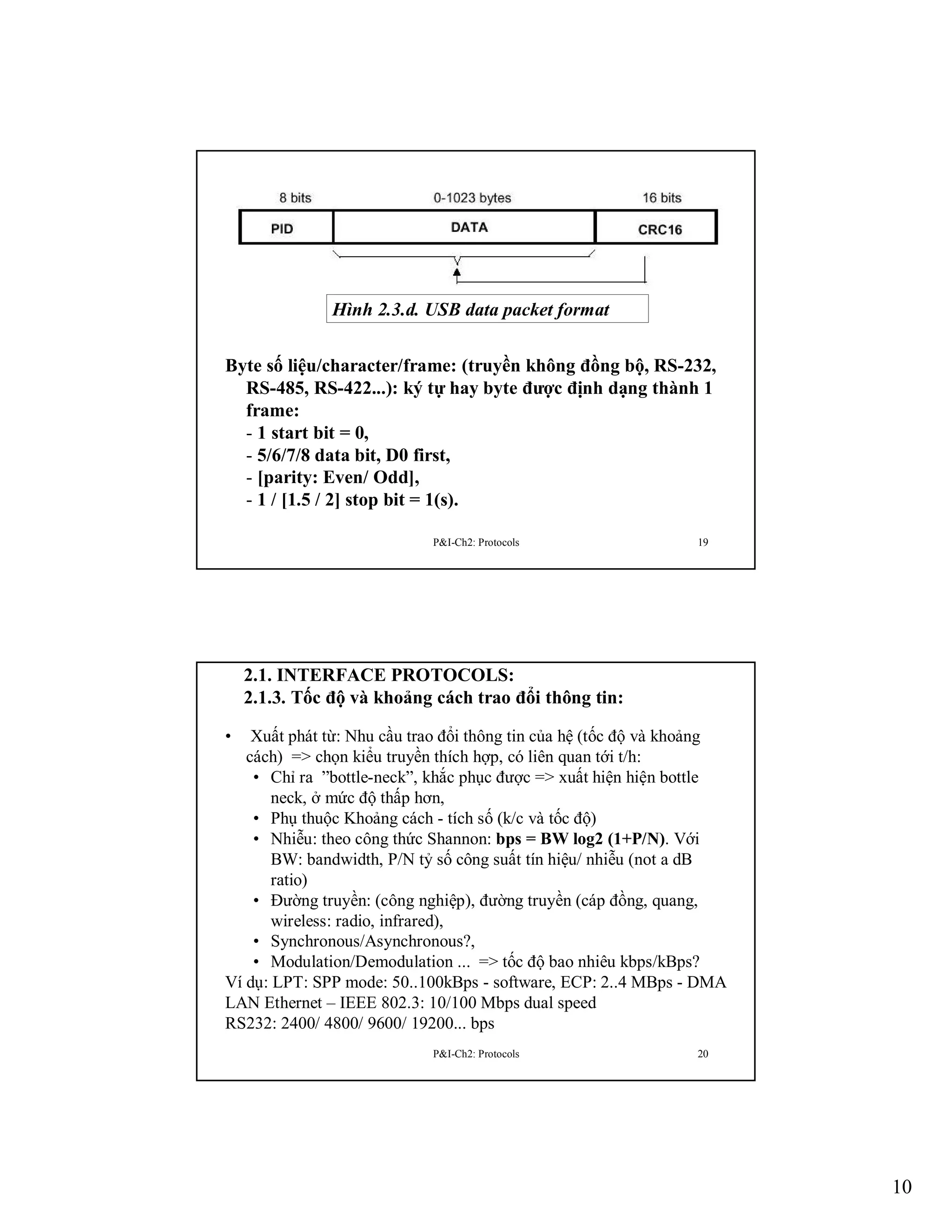 Hình 2.3.d. USB data packet format
Byte số liệu/character/frame: (truyền không đồng bộ, RS-232,
RS-485, RS-422...): ký tự hay byte được định dạng thành 1
frame:
- 1 start bit = 0,
- 5/6/7/8 data bit, D0 first,
- [parity: Even/ Odd],
- 1 / [1.5 / 2] stop bit = 1(s).
P&I-Ch2: Protocols

19

2.1. INTERFACE PROTOCOLS:
2.1.3. Tốc độ và khoảng cách trao đổi thông tin:
Xuất phát từ: Nhu cầu trao đổi thông tin của hệ (tốc độ và khoảng
cách) => chọn kiểu truyền thích hợp, có liên quan tới t/h:
• Chỉ ra ”bottle-neck”, khắc phục được => xuất hiện hiện bottle
neck, ở mức độ thấp hơn,
• Phụ thuộc Khoảng cách - tích số (k/c và tốc độ)
• Nhiễu: theo công thức Shannon: bps = BW log2 (1+P/N). Với
BW: bandwidth, P/N tỷ số công suất tín hiệu/ nhiễu (not a dB
ratio)
• Đường truyền: (công nghiệp), đường truyền (cáp đồng, quang,
wireless: radio, infrared),
• Synchronous/Asynchronous?,
• Modulation/Demodulation ... => tốc độ bao nhiêu kbps/kBps?
Ví dụ: LPT: SPP mode: 50..100kBps - software, ECP: 2..4 MBps - DMA
LAN Ethernet – IEEE 802.3: 10/100 Mbps dual speed
RS232: 2400/ 4800/ 9600/ 19200... bps
•

P&I-Ch2: Protocols

20

10

 