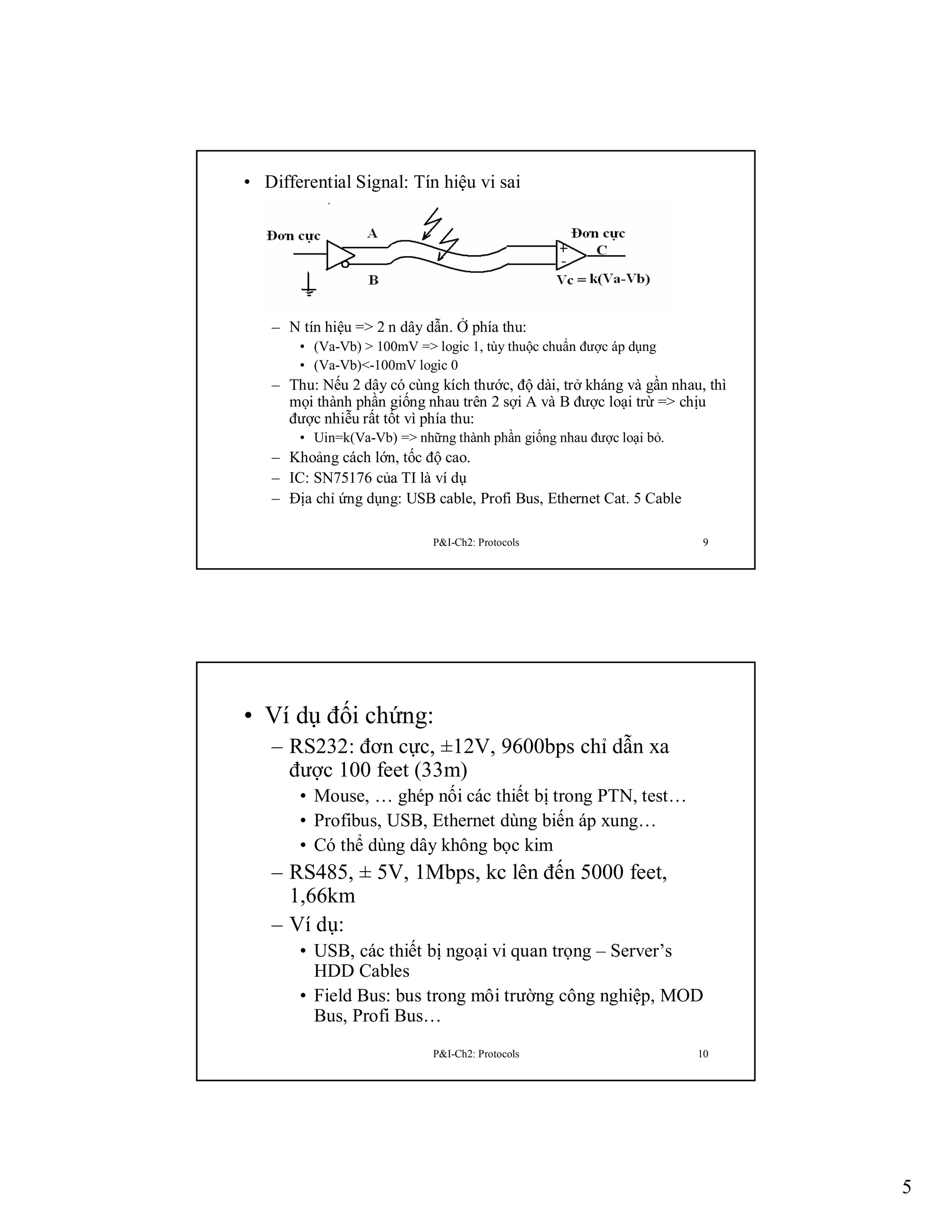 • Differential Signal: Tín hiệu vi sai

– N tín hiệu => 2 n dây dẫn. Ở phía thu:
• (Va-Vb) > 100mV => logic 1, tùy thuộc chuẩn được áp dụng
• (Va-Vb)<-100mV logic 0

– Thu: Nếu 2 dây có cùng kích thước, độ dài, trở kháng và gần nhau, thì
mọi thành phần giống nhau trên 2 sợi A và B được loại trừ => chịu
được nhiễu rất tốt vì phía thu:
• Uin=k(Va-Vb) => những thành phần giống nhau được loại bỏ.

– Khoảng cách lớn, tốc độ cao.
– IC: SN75176 của TI là ví dụ
– Địa chỉ ứng dụng: USB cable, Profi Bus, Ethernet Cat. 5 Cable
P&I-Ch2: Protocols

9

• Ví dụ đối chứng:
– RS232: đơn cực, ±12V, 9600bps chỉ dẫn xa
được 100 feet (33m)
• Mouse, … ghép nối các thiết bị trong PTN, test…
• Profibus, USB, Ethernet dùng biến áp xung…
• Có thể dùng dây không bọc kim

– RS485, ± 5V, 1Mbps, kc lên đến 5000 feet,
1,66km
– Ví dụ:
• USB, các thiết bị ngoại vi quan trọng – Server’s
HDD Cables
• Field Bus: bus trong môi trường công nghiệp, MOD
Bus, Profi Bus…
P&I-Ch2: Protocols

10

5

 