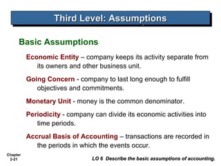 Third Level: Assumptions
Third Level: Assumptions
Basic Assumptions
Economic Entity – company keeps its activity separate from
its owners and other business unit.
Going Concern - company to last long enough to fulfill
objectives and commitments.
Monetary Unit - money is the common denominator.
Periodicity - company can divide its economic activities into
time periods.
Accrual Basis of Accounting – transactions are recorded in
the periods in which the events occur.
Chapter
2-21

LO 6 Describe the basic assumptions of accounting.

 