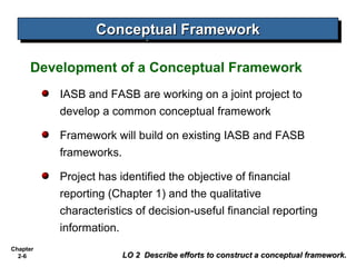 Conceptual Framework
Conceptual Framework
Development of a Conceptual Framework
IASB and FASB are working on a joint project to
develop a common conceptual framework
Framework will build on existing IASB and FASB
frameworks.
Project has identified the objective of financial
reporting (Chapter 1) and the qualitative
characteristics of decision-useful financial reporting
information.
Chapter
2-6

LO 2 Describe efforts to construct a conceptual framework.

 