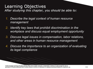 © 2014 Cengage Learning. All rights reserved. May not be copied, scanned, or duplicated, in whole or in part, except for use as
permitted in a license distributed with a certain product or service or otherwise on a password-protected website for classroom use. 2–2
Learning Objectives
After studying this chapter, you should be able to:
1. Describe the legal context of human resource
management
2. Identify key laws that prohibit discrimination in the
workplace and discuss equal employment opportunity
3. Discuss legal issues in compensation, labor relations,
and other areas in human resource management
4. Discuss the importance to an organization of evaluating
its legal compliance
 