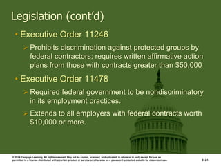 © 2014 Cengage Learning. All rights reserved. May not be copied, scanned, or duplicated, in whole or in part, except for use as
permitted in a license distributed with a certain product or service or otherwise on a password-protected website for classroom use. 2–24
Legislation (cont’d)
• Executive Order 11246
 Prohibits discrimination against protected groups by
federal contractors; requires written affirmative action
plans from those with contracts greater than $50,000
• Executive Order 11478
 Required federal government to be nondiscriminatory
in its employment practices.
 Extends to all employers with federal contracts worth
$10,000 or more.
 