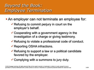 © 2014 Cengage Learning. All rights reserved. May not be copied, scanned, or duplicated, in whole or in part, except for use as
permitted in a license distributed with a certain product or service or otherwise on a password-protected website for classroom use. 2–30
 An employer can not terminate an employee for:
 Refusing to commit perjury in court on the
employer’s behalf.
 Cooperating with a government agency in the
investigation of a charge or giving testimony.
 Refusing to violate a professional code of conduct.
 Reporting OSHA infractions.
 Refusing to support a law or a political candidate
favored by the employer.
 Complying with a summons to jury duty.
Beyond the Book:
Employee Termination
 
