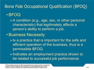 © 2014 Cengage Learning. All rights reserved. May not be copied, scanned, or duplicated,
in whole or in part, except for use as permitted in a license distributed with a certain
product or service or otherwise on a password-protected website for classroom use. 2–8
Bona Fide Occupational Qualification (BFOQ)
• BFOQ
A condition (e.g., age, sex, or other personal
characteristic) that legitimately affects a
person’s ability to perform a job.
• Business Necessity
Is a practice that is important for the safe and
efficient operation of the business, thus is a
permissible BFOQ.
Indicates an employment practice shown to
be related to successful job performance.
 