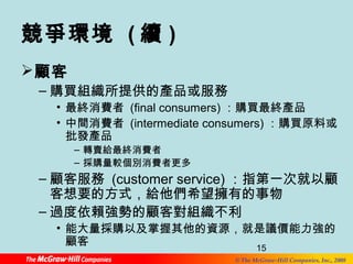 15 
© The McGraw-Hill Companies, Inc., 2008 
競爭環境 (續) 
顧客 
–購買組織所提供的產品或服務 
• 最終消費者 (final consumers)：購買最終產品 
• 中間消費者 (intermediate consumers) ：購買原料或 
批發產品 
– 轉賣給最終消費者 
– 採購量較個別消費者更多 
–顧客服務 (customer service) ：指第一次就以顧 
客想要的方式，給他們希望擁有的事物 
–過度依賴強勢的顧客對組織不利 
• 能大量採購以及掌握其他的資源，就是議價能力強的 
顧客 
 