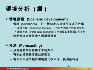 環境分析 (續) 
情境發展 (Scenario development) 
– 情境 (Scenarios) ：對一組特定未來條件描述的故事 
• 最佳方案 (best-case scenario) ：所發生的事件對公司有利 
• 最差方案 (worst-case scenario) ：所發生的事件對公司不利 
20 
© The McGraw-Hill Companies, Inc., 2008 
– 協助管理者發展出各種權變計畫 
預測 (Forecasting) 
– 預測變數如何影響未來的方法 
– 預測的精確程度視狀況而定 
– 當未來與過去相比環境變化很大時，預測最有用 
 