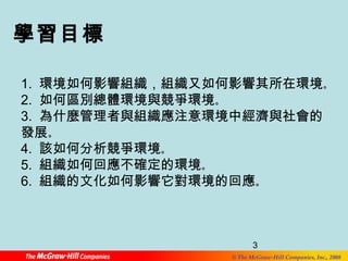 1. 環境如何影響組織，組織又如何影響其所在環境。 
2. 如何區別總體環境與競爭環境。 
3. 為什麼管理者與組織應注意環境中經濟與社會的 
發展。 
4. 該如何分析競爭環境。 
5. 組織如何回應不確定的環境。 
6. 組織的文化如何影響它對環境的回應。 
3 
© The McGraw-Hill Companies, Inc., 2008 
學習目標 
 