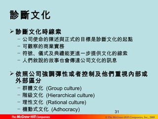 31 
© The McGraw-Hill Companies, Inc., 2008 
診斷文化 
診斷文化時線索 
− 公司使命的陳述與正式的目標是診斷文化的起點 
− 可觀察的商業實務 
− 符號、儀式及典禮能更進一步提供文化的線索 
− 人們敘說的故事也會傳達公司文化的訊息 
依照公司強調彈性或者控制及他們重視內部或 
外部區分 
− 群體文化 (Group culture) 
− 階級文化 (Hierarchical culture) 
− 理性文化 (Rational culture) 
− 機動式文化 (Adhocracy) 
 