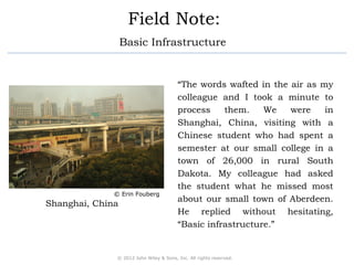 Field Note: 
Basic Infrastructure 
“The words wafted in the air as my 
colleague and I took a minute to 
process them. We were in 
Shanghai, China, visiting with a 
Chinese student who had spent a 
semester at our small college in a 
town of 26,000 in rural South 
Dakota. My colleague had asked 
the student what he missed most 
about our small town of Aberdeen. 
He replied without hesitating, 
“Basic infrastructure.” 
© Erin Fouberg 
Shanghai, China 
© 2012 John Wiley & Sons, Inc. All rights reserved. 
 