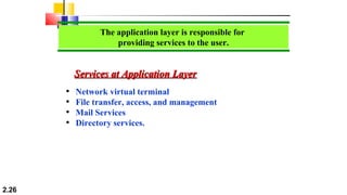 2.26
The application layer is responsible for
providing services to the user.
• Network virtual terminal
• File transfer, access, and management
• Mail Services
• Directory services.
Services at Application LayerServices at Application Layer
 