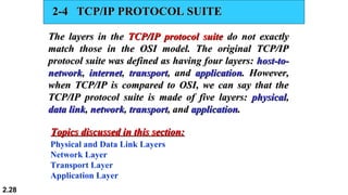 2.28
2-4 TCP/IP PROTOCOL SUITE2-4 TCP/IP PROTOCOL SUITE
The layers in theThe layers in the TCP/IP protocol suiteTCP/IP protocol suite do not exactlydo not exactly
match those in the OSI model. The original TCP/IPmatch those in the OSI model. The original TCP/IP
protocol suite was defined as having four layers:protocol suite was defined as having four layers: host-to-host-to-
networknetwork,, internetinternet,, transporttransport, and, and applicationapplication. However,. However,
when TCP/IP is compared to OSI, we can say that thewhen TCP/IP is compared to OSI, we can say that the
TCP/IP protocol suite is made of five layers:TCP/IP protocol suite is made of five layers: physicalphysical,,
data linkdata link,, networknetwork,, transporttransport, and, and applicationapplication..
Physical and Data Link Layers
Network Layer
Transport Layer
Application Layer
Topics discussed in this section:Topics discussed in this section:
 