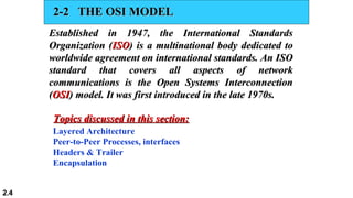 2.4
2-2 THE OSI MODEL2-2 THE OSI MODEL
Established in 1947, the International StandardsEstablished in 1947, the International Standards
Organization (Organization (ISOISO) is a multinational body dedicated to) is a multinational body dedicated to
worldwide agreement on international standards. An ISOworldwide agreement on international standards. An ISO
standard that covers all aspects of networkstandard that covers all aspects of network
communications is the Open Systems Interconnectioncommunications is the Open Systems Interconnection
((OSIOSI) model. It was first introduced in the late 1970s.) model. It was first introduced in the late 1970s.
Layered Architecture
Peer-to-Peer Processes, interfaces
Headers & Trailer
Encapsulation
Topics discussed in this section:Topics discussed in this section:
 