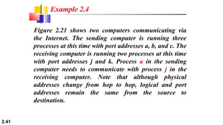 2.41
Figure 2.21 shows two computers communicating via
the Internet. The sending computer is running three
processes at this time with port addresses a, b, and c. The
receiving computer is running two processes at this time
with port addresses j and k. Process a in the sending
computer needs to communicate with process j in the
receiving computer. Note that although physical
addresses change from hop to hop, logical and port
addresses remain the same from the source to
destination.
Example 2.4
 