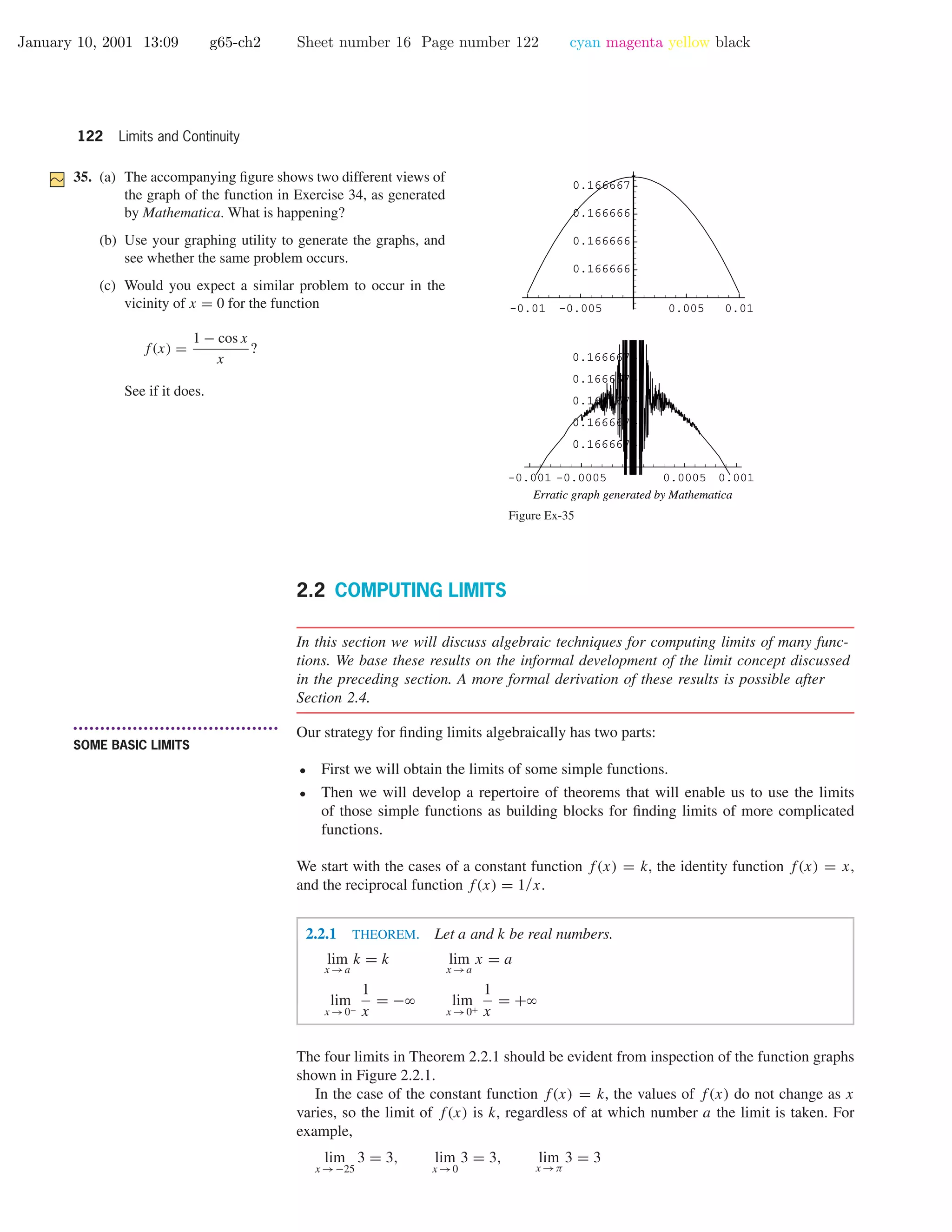 January 10, 2001 13:09 g65-ch2 Sheet number 16 Page number 122 cyan magenta yellow black
122 Limits and Continuity
35. (a) The accompanying ﬁgure shows two different views of
the graph of the function in Exercise 34, as generated
by Mathematica. What is happening?
(b) Use your graphing utility to generate the graphs, and
see whether the same problem occurs.
(c) Would you expect a similar problem to occur in the
vicinity of x = 0 for the function
f(x) =
1 − cos x
x
?
See if it does.
-0.001 -0.0005 0.0005 0.001
0.166667
0.166667
0.166667
0.166667
0.166667
-0.01 -0.005 0.005 0.01
0.166666
0.166666
0.166666
0.166667
Erratic graph generated by Mathematica
Figure Ex-35
2.2 COMPUTING LIMITS
In this section we will discuss algebraic techniques for computing limits of many func-
tions. We base these results on the informal development of the limit concept discussed
in the preceding section. A more formal derivation of these results is possible after
Section 2.4.
• • • • • • • • • • • • • • • • • • • • • • • • • • • • • • • • • • • • • •
SOME BASIC LIMITS
Our strategy for ﬁnding limits algebraically has two parts:
• First we will obtain the limits of some simple functions.
• Then we will develop a repertoire of theorems that will enable us to use the limits
of those simple functions as building blocks for ﬁnding limits of more complicated
functions.
We start with the cases of a constant function f(x) = k, the identity function f(x) = x,
and the reciprocal function f(x) = 1/x.
2.2.1 THEOREM. Let a and k be real numbers.
lim
x →a
k = k lim
x →a
x = a
lim
x →0−
1
x
= −ϱ lim
x →0+
1
x
= +ϱ
The four limits in Theorem 2.2.1 should be evident from inspection of the function graphs
shown in Figure 2.2.1.
In the case of the constant function f(x) = k, the values of f(x) do not change as x
varies, so the limit of f(x) is k, regardless of at which number a the limit is taken. For
example,
lim
x →−25
3 = 3, lim
x →0
3 = 3, lim
x →π
3 = 3
 