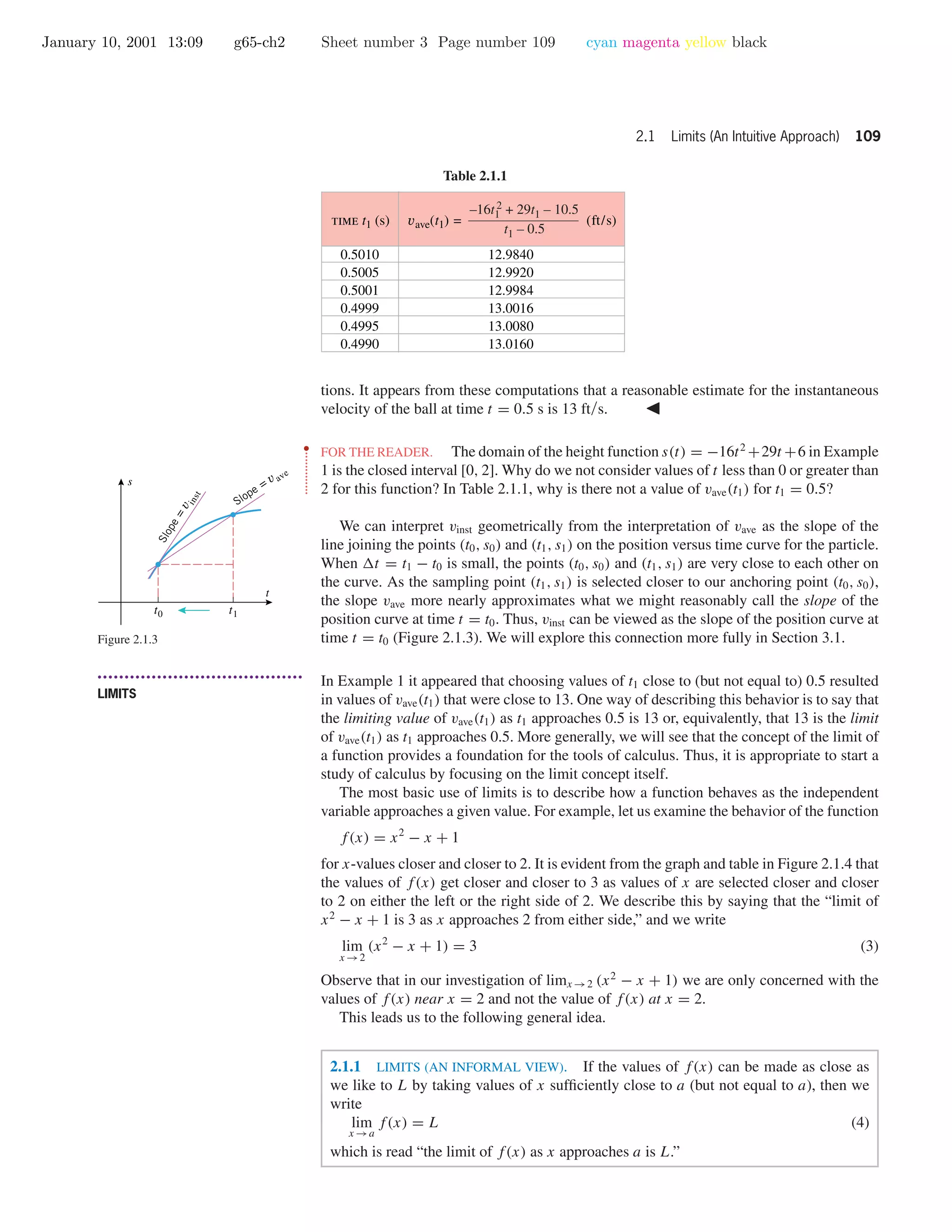 January 10, 2001 13:09 g65-ch2 Sheet number 3 Page number 109 cyan magenta yellow black
2.1 Limits (An Intuitive Approach) 109
Table 2.1.1
0.5010
0.5005
0.5001
0.4999
0.4995
0.4990
12.9840
12.9920
12.9984
13.0016
13.0080
13.0160
vave(t1) =time t1 (s) (ft/s)
–16t1
2 + 29t1 – 10.5
t1 – 0.5
tions. It appears from these computations that a reasonable estimate for the instantaneous
velocity of the ball at time t = 0.5 s is 13 ft/s.
••
•
•
•
•
•
•
•
•
•
•
•
•
FOR THE READER. The domain of the height function s(t) = −16t2
+29t +6 in Example
1 is the closed interval [0, 2]. Why do we not consider values of t less than 0 or greater than
2 for this function? In Table 2.1.1, why is there not a value of vave(t1) for t1 = 0.5?
We can interpret vinst geometrically from the interpretation of vave as the slope of the
line joining the points (t0, s0) and (t1, s1) on the position versus time curve for the particle.
When t = t1 − t0 is small, the points (t0, s0) and (t1, s1) are very close to each other on
the curve. As the sampling point (t1, s1) is selected closer to our anchoring point (t0, s0),
the slope vave more nearly approximates what we might reasonably call the slope of the
position curve at time t = t0. Thus, vinst can be viewed as the slope of the position curve at
time t = t0 (Figure 2.1.3). We will explore this connection more fully in Section 3.1.
Slope = v ave
t0 t1
t
s
Slope=v
inst
Figure 2.1.3
• • • • • • • • • • • • • • • • • • • • • • • • • • • • • • • • • • • • • •
LIMITS
In Example 1 it appeared that choosing values of t1 close to (but not equal to) 0.5 resulted
in values of vave(t1) that were close to 13. One way of describing this behavior is to say that
the limiting value of vave(t1) as t1 approaches 0.5 is 13 or, equivalently, that 13 is the limit
of vave(t1) as t1 approaches 0.5. More generally, we will see that the concept of the limit of
a function provides a foundation for the tools of calculus. Thus, it is appropriate to start a
study of calculus by focusing on the limit concept itself.
The most basic use of limits is to describe how a function behaves as the independent
variable approaches a given value. For example, let us examine the behavior of the function
f(x) = x2
− x + 1
for x-values closer and closer to 2. It is evident from the graph and table in Figure 2.1.4 that
the values of f(x) get closer and closer to 3 as values of x are selected closer and closer
to 2 on either the left or the right side of 2. We describe this by saying that the “limit of
x2
− x + 1 is 3 as x approaches 2 from either side,” and we write
lim
x →2
(x2
− x + 1) = 3 (3)
Observe that in our investigation of limx →2 (x2
− x + 1) we are only concerned with the
values of f(x) near x = 2 and not the value of f(x) at x = 2.
This leads us to the following general idea.
2.1.1 LIMITS (AN INFORMAL VIEW). If the values of f(x) can be made as close as
we like to L by taking values of x sufﬁciently close to a (but not equal to a), then we
write
lim
x →a
f(x) = L (4)
which is read “the limit of f(x) as x approaches a is L.”
 