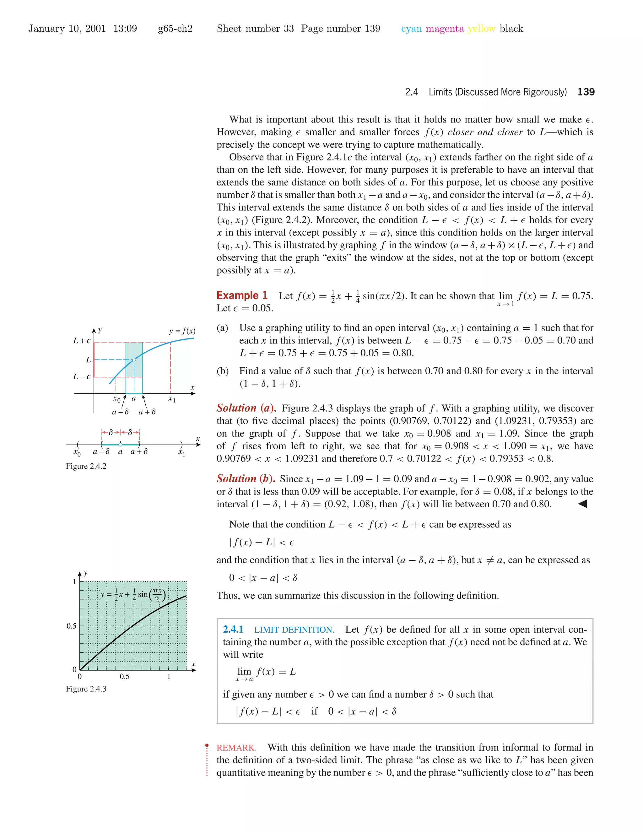 January 10, 2001 13:09 g65-ch2 Sheet number 33 Page number 139 cyan magenta yellow black
2.4 Limits (Discussed More Rigorously) 139
What is important about this result is that it holds no matter how small we make .
However, making smaller and smaller forces f(x) closer and closer to L—which is
precisely the concept we were trying to capture mathematically.
Observe that in Figure 2.4.1c the interval (x0, x1) extends farther on the right side of a
than on the left side. However, for many purposes it is preferable to have an interval that
extends the same distance on both sides of a. For this purpose, let us choose any positive
number δ that is smaller than both x1 −a and a −x0, and consider the interval (a −δ, a +δ).
This interval extends the same distance δ on both sides of a and lies inside of the interval
(x0, x1) (Figure 2.4.2). Moreover, the condition L − < f(x) < L + holds for every
x in this interval (except possibly x = a), since this condition holds on the larger interval
(x0, x1). This is illustrated by graphing f in the window (a −δ, a +δ)×(L− , L+ ) and
observing that the graph “exits” the window at the sides, not at the top or bottom (except
possibly at x = a).
a – d a + d
a – d a + d
ax0 x1
x
( ( ((
d d
x1x0 a
L −
L +
L
y = f(x)
x
y
Figure 2.4.2
Example 1 Let f(x) = 1
2
x + 1
4
sin(πx/2). It can be shown that lim
x →1
f(x) = L = 0.75.
Let = 0.05.
(a) Use a graphing utility to ﬁnd an open interval (x0, x1) containing a = 1 such that for
each x in this interval, f(x) is between L − = 0.75 − = 0.75 − 0.05 = 0.70 and
L + = 0.75 + = 0.75 + 0.05 = 0.80.
(b) Find a value of δ such that f(x) is between 0.70 and 0.80 for every x in the interval
(1 − δ, 1 + δ).
Solution (a). Figure 2.4.3 displays the graph of f . With a graphing utility, we discover
that (to ﬁve decimal places) the points (0.90769, 0.70122) and (1.09231, 0.79353) are
on the graph of f . Suppose that we take x0 = 0.908 and x1 = 1.09. Since the graph
of f rises from left to right, we see that for x0 = 0.908 < x < 1.090 = x1, we have
0.90769 < x < 1.09231 and therefore 0.7 < 0.70122 < f(x) < 0.79353 < 0.8.
Solution (b). Since x1 −a = 1.09−1 = 0.09 and a −x0 = 1−0.908 = 0.902, any value
or δ that is less than 0.09 will be acceptable. For example, for δ = 0.08, if x belongs to the
interval (1 − δ, 1 + δ) = (0.92, 1.08), then f(x) will lie between 0.70 and 0.80.
0 0.5 1
0
0.5
1
x
y
y = x + sin( )1
2
px
2
1
4
Figure 2.4.3
Note that the condition L − < f(x) < L + can be expressed as
|f(x) − L| <
and the condition that x lies in the interval (a − δ, a + δ), but x = a, can be expressed as
0 < |x − a| < δ
Thus, we can summarize this discussion in the following deﬁnition.
2.4.1 LIMIT DEFINITION. Let f(x) be deﬁned for all x in some open interval con-
taining the number a, with the possible exception that f(x) need not be deﬁned at a. We
will write
lim
x →a
f(x) = L
if given any number > 0 we can ﬁnd a number δ > 0 such that
|f(x) − L| < if 0 < |x − a| < δ
••
•
•
•
•
•
•
•
•
•
•
•
REMARK. With this deﬁnition we have made the transition from informal to formal in
the deﬁnition of a two-sided limit. The phrase “as close as we like to L” has been given
quantitative meaning by the number > 0, and the phrase “sufﬁciently close to a” has been
 