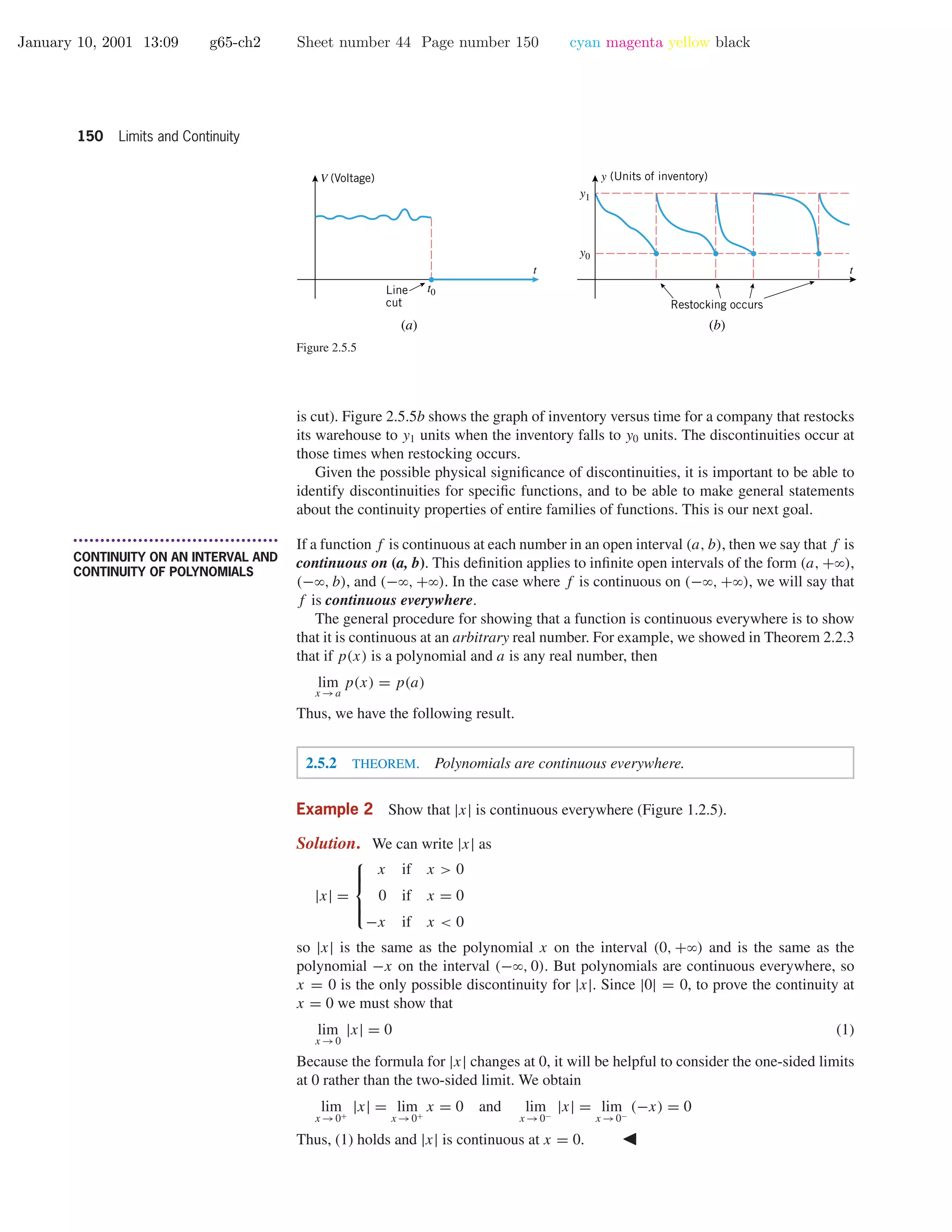 January 10, 2001 13:09 g65-ch2 Sheet number 44 Page number 150 cyan magenta yellow black
150 Limits and Continuity
t
V (Voltage)
(a)
t
y (Units of inventory)
(b)
t0Line
cut Restocking occurs
y0
y1
Figure 2.5.5
is cut). Figure 2.5.5b shows the graph of inventory versus time for a company that restocks
its warehouse to y1 units when the inventory falls to y0 units. The discontinuities occur at
those times when restocking occurs.
Given the possible physical signiﬁcance of discontinuities, it is important to be able to
identify discontinuities for speciﬁc functions, and to be able to make general statements
about the continuity properties of entire families of functions. This is our next goal.
• • • • • • • • • • • • • • • • • • • • • • • • • • • • • • • • • • • • • •
CONTINUITY ON AN INTERVAL AND
CONTINUITY OF POLYNOMIALS
If a function f is continuous at each number in an open interval (a, b), then we say that f is
continuous on (a, b). This deﬁnition applies to inﬁnite open intervals of the form (a, +ϱ),
(−ϱ, b), and (−ϱ, +ϱ). In the case where f is continuous on (−ϱ, +ϱ), we will say that
f is continuous everywhere.
The general procedure for showing that a function is continuous everywhere is to show
that it is continuous at an arbitrary real number. For example, we showed in Theorem 2.2.3
that if p(x) is a polynomial and a is any real number, then
lim
x →a
p(x) = p(a)
Thus, we have the following result.
2.5.2 THEOREM. Polynomials are continuous everywhere.
Example 2 Show that |x| is continuous everywhere (Figure 1.2.5).
Solution. We can write |x| as
|x| =



x if x > 0
0 if x = 0
−x if x < 0
so |x| is the same as the polynomial x on the interval (0, +ϱ) and is the same as the
polynomial −x on the interval (−ϱ, 0). But polynomials are continuous everywhere, so
x = 0 is the only possible discontinuity for |x|. Since |0| = 0, to prove the continuity at
x = 0 we must show that
lim
x →0
|x| = 0 (1)
Because the formula for |x| changes at 0, it will be helpful to consider the one-sided limits
at 0 rather than the two-sided limit. We obtain
lim
x →0+
|x| = lim
x →0+
x = 0 and lim
x →0−
|x| = lim
x →0−
(−x) = 0
Thus, (1) holds and |x| is continuous at x = 0.
 