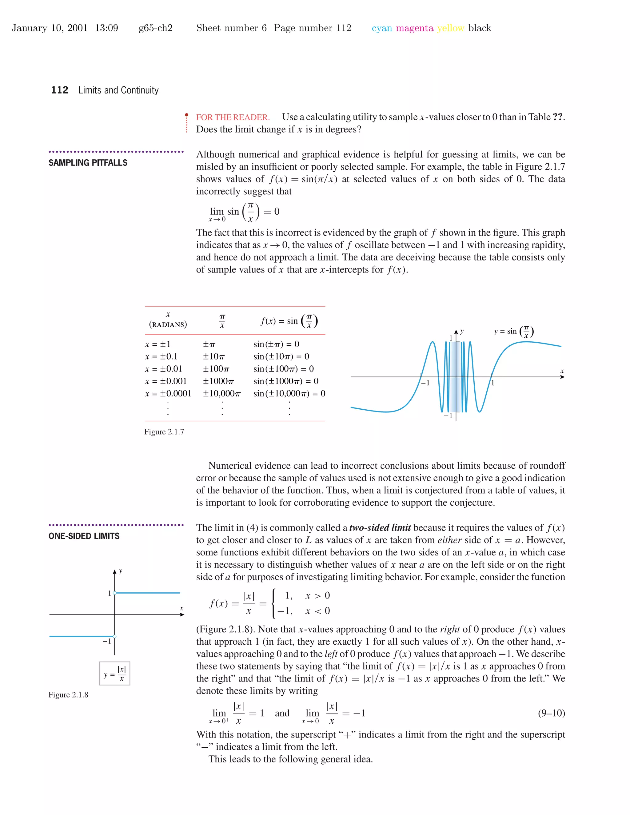 January 10, 2001 13:09 g65-ch2 Sheet number 6 Page number 112 cyan magenta yellow black
112 Limits and Continuity
••
•
•
•
•
•
•
FOR THE READER. Use a calculating utility to sample x-values closer to 0 than in Table ??.
Does the limit change if x is in degrees?
• • • • • • • • • • • • • • • • • • • • • • • • • • • • • • • • • • • • • •
SAMPLING PITFALLS
Although numerical and graphical evidence is helpful for guessing at limits, we can be
misled by an insufﬁcient or poorly selected sample. For example, the table in Figure 2.1.7
shows values of f(x) = sin(π/x) at selected values of x on both sides of 0. The data
incorrectly suggest that
lim
x →0
sin
π
x
= 0
The fact that this is incorrect is evidenced by the graph of f shown in the ﬁgure. This graph
indicates that as x →0, the values of f oscillate between −1 and 1 with increasing rapidity,
and hence do not approach a limit. The data are deceiving because the table consists only
of sample values of x that are x-intercepts for f(x).
-1 1
-1
1
y = sin ( )x
p
x
y
x = ±1
x = ±0.1
x = ±0.01
x = ±0.001
x = ±0.0001
sin(±p) = 0
sin(±10p) = 0
sin(±100p) = 0
sin(±1000p) = 0
sin(±10,000p) = 0
±p
±10p
±100p
±1000p
±10,000p
x
p
x
p
f(x) = sin ( )
x
(radians)
.
.
.
.
.
.
.
.
.
Figure 2.1.7
Numerical evidence can lead to incorrect conclusions about limits because of roundoff
error or because the sample of values used is not extensive enough to give a good indication
of the behavior of the function. Thus, when a limit is conjectured from a table of values, it
is important to look for corroborating evidence to support the conjecture.
• • • • • • • • • • • • • • • • • • • • • • • • • • • • • • • • • • • • • •
ONE-SIDED LIMITS
The limit in (4) is commonly called a two-sided limit because it requires the values of f(x)
to get closer and closer to L as values of x are taken from either side of x = a. However,
some functions exhibit different behaviors on the two sides of an x-value a, in which case
it is necessary to distinguish whether values of x near a are on the left side or on the right
side of a for purposes of investigating limiting behavior. For example, consider the function
f(x) =
|x|
x
=
1, x > 0
−1, x < 0
(Figure 2.1.8). Note that x-values approaching 0 and to the right of 0 produce f(x) values
that approach 1 (in fact, they are exactly 1 for all such values of x). On the other hand, x-
values approaching 0 and to the left of 0 produce f(x) values that approach −1. We describe
these two statements by saying that “the limit of f(x) = |x|/x is 1 as x approaches 0 from
the right” and that “the limit of f(x) = |x|/x is −1 as x approaches 0 from the left.” We
denote these limits by writing
lim
x →0+
|x|
x
= 1 and lim
x →0−
|x|
x
= −1 (9–10)
With this notation, the superscript “+” indicates a limit from the right and the superscript
“−” indicates a limit from the left.
This leads to the following general idea.
-1
1
x
y
y =
|x|
x
Figure 2.1.8
 