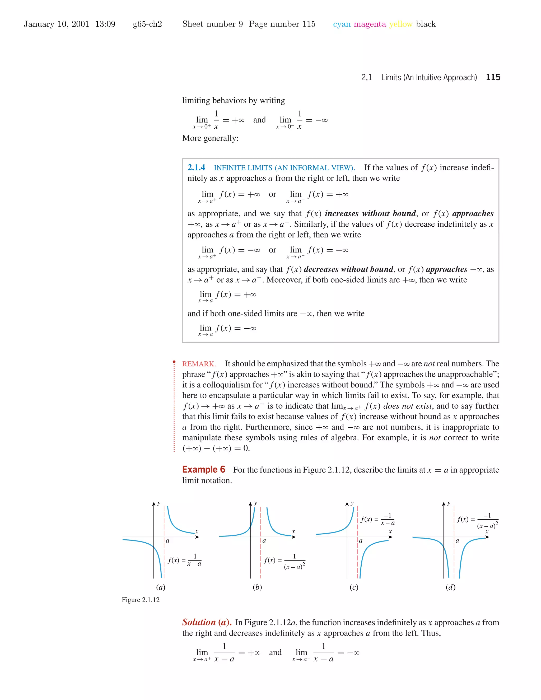 January 10, 2001 13:09 g65-ch2 Sheet number 9 Page number 115 cyan magenta yellow black
2.1 Limits (An Intuitive Approach) 115
limiting behaviors by writing
lim
x →0+
1
x
= +ϱ and lim
x →0−
1
x
= −ϱ
More generally:
2.1.4 INFINITE LIMITS (AN INFORMAL VIEW). If the values of f(x) increase indeﬁ-
nitely as x approaches a from the right or left, then we write
lim
x →a+
f(x) = +ϱ or lim
x →a−
f(x) = +ϱ
as appropriate, and we say that f(x) increases without bound, or f(x) approaches
+ϱ, as x →a+
or as x →a−
. Similarly, if the values of f(x) decrease indeﬁnitely as x
approaches a from the right or left, then we write
lim
x →a+
f(x) = −ϱ or lim
x →a−
f(x) = −ϱ
as appropriate, and say that f(x) decreases without bound, or f(x) approaches −ϱ, as
x →a+
or as x →a−
. Moreover, if both one-sided limits are +ϱ, then we write
lim
x →a
f(x) = +ϱ
and if both one-sided limits are −ϱ, then we write
lim
x →a
f(x) = −ϱ
••
•
•
•
•
•
•
•
•
•
•
•
•
•
•
•
•
•
•
•
•
•
•
•
•
•
•
•
•
•
•
•
•
•
•
•
•
•
•
•
•
•
•
•
REMARK. It should be emphasized that the symbols +ϱ and −ϱ are not real numbers. The
phrase “f(x) approaches +ϱ” is akin to saying that “f(x) approaches the unapproachable”;
it is a colloquialism for “f(x) increases without bound.” The symbols +ϱ and −ϱ are used
here to encapsulate a particular way in which limits fail to exist. To say, for example, that
f(x) → +ϱ as x → a+
is to indicate that limx →a+ f(x) does not exist, and to say further
that this limit fails to exist because values of f(x) increase without bound as x approaches
a from the right. Furthermore, since +ϱ and −ϱ are not numbers, it is inappropriate to
manipulate these symbols using rules of algebra. For example, it is not correct to write
(+ϱ) − (+ϱ) = 0.
Example 6 For the functions in Figure 2.1.12, describe the limits at x = a in appropriate
limit notation.
x
y
x
y
x
y
x
y
1
x – af(x) =
1
(x – a)2
f(x) =
–1
x – af(x) =
–1
(x – a)2
f(x) =
(a) (b) (c) (d)
a a a a
Figure 2.1.12
Solution (a). In Figure 2.1.12a, the function increases indeﬁnitely as x approaches a from
the right and decreases indeﬁnitely as x approaches a from the left. Thus,
lim
x →a+
1
x − a
= +ϱ and lim
x →a−
1
x − a
= −ϱ
 