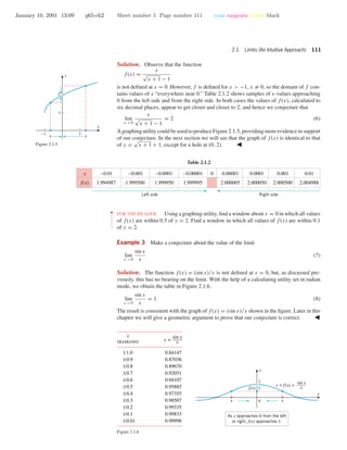 January 10, 2001 13:09 g65-ch2 Sheet number 5 Page number 111 cyan magenta yellow black
2.1 Limits (An Intuitive Approach) 111
Solution. Observe that the function
f(x) =
x
√
x + 1 − 1
is not deﬁned at x = 0. However, f is deﬁned for x > −1, x = 0, so the domain of f con-
tains values of x “everywhere near 0.” Table 2.1.2 shows samples of x-values approaching
0 from the left side and from the right side. In both cases the values of f(x), calculated to
six decimal places, appear to get closer and closer to 2, and hence we conjecture that
lim
x →0
x
√
x + 1 − 1
= 2 (6)
A graphing utility could be used to produce Figure 2.1.5, providing more evidence in support
of our conjecture. In the next section we will see that the graph of f(x) is identical to that
of y =
√
x + 1 + 1, except for a hole at (0, 2).
-1 1
x x
1
2
x
y
Figure 2.1.5
Table 2.1.2
–0.01
1.994987
–0.001
1.999500
–0.0001
1.999950
–0.00001
1.999995
0.00001
2.000005
0.0001
2.000050
0.001
2.000500
0.01
2.004988
0x
f(x)
Left side Right side
••
•
•
•
•
•
•
•
•
•
•
•
•
FOR THE READER. Using a graphing utility, ﬁnd a window about x = 0 in which all values
of f(x) are within 0.5 of y = 2. Find a window in which all values of f(x) are within 0.1
of y = 2.
Example 3 Make a conjecture about the value of the limit
lim
x →0
sin x
x
(7)
Solution. The function f(x) = (sin x)/x is not deﬁned at x = 0, but, as discussed pre-
viously, this has no bearing on the limit. With the help of a calculating utility set in radian
mode, we obtain the table in Figure 2.1.6.
lim
x →0
sin x
x
= 1 (8)
The result is consistent with the graph of f(x) = (sin x)/x shown in the ﬁgure. Later in this
chapter we will give a geometric argument to prove that our conjecture is correct.
1
x 0 x
f(x)
y = f(x) =
sin x
x
As x approaches 0 from the left
or right, f(x) approaches 1.
x
y
±1.0
±0.9
±0.8
±0.7
±0.6
±0.5
±0.4
±0.3
±0.2
±0.1
±0.01
0.84147
0.87036
0.89670
0.92031
0.94107
0.95885
0.97355
0.98507
0.99335
0.99833
0.99998
sin x
xy =
x
(radians)
Figure 2.1.6
 