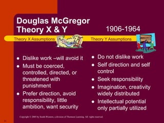Copyright © 2005 by South-Western, a division of Thomson Learning. All rights reserved.
21
 Dislike work –will avoid it
 Must be coerced,
controlled, directed, or
threatened with
punishment
 Prefer direction, avoid
responsibility, little
ambition, want security
 Do not dislike work
 Self direction and self
control
 Seek responsibility
 Imagination, creativity
widely distributed
 Intellectual potential
only partially utilized
Douglas McGregor
Theory X & Y
Theory X Assumptions Theory Y Assumptions
1906-1964
 