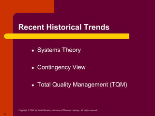 Copyright © 2005 by South-Western, a division of Thomson Learning. All rights reserved.
25
Recent Historical Trends
● Systems Theory
● Contingency View
● Total Quality Management (TQM)
 