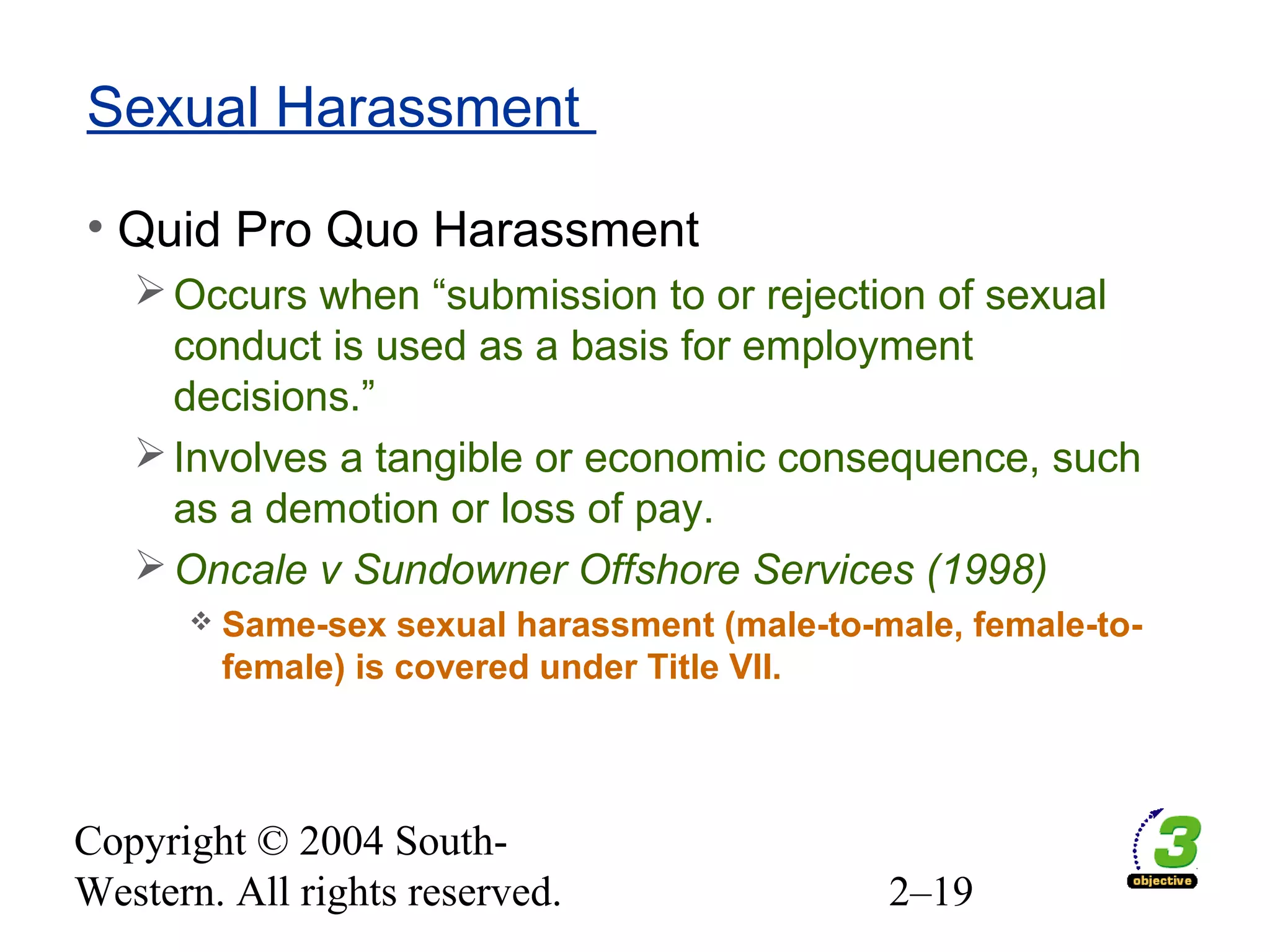 Copyright © 2004 South-
Western. All rights reserved. 2–19
Sexual Harassment
• Quid Pro Quo Harassment
Occurs when “submission to or rejection of sexual
conduct is used as a basis for employment
decisions.”
Involves a tangible or economic consequence, such
as a demotion or loss of pay.
Oncale v Sundowner Offshore Services (1998)
 Same-sex sexual harassment (male-to-male, female-to-
female) is covered under Title VII.
 