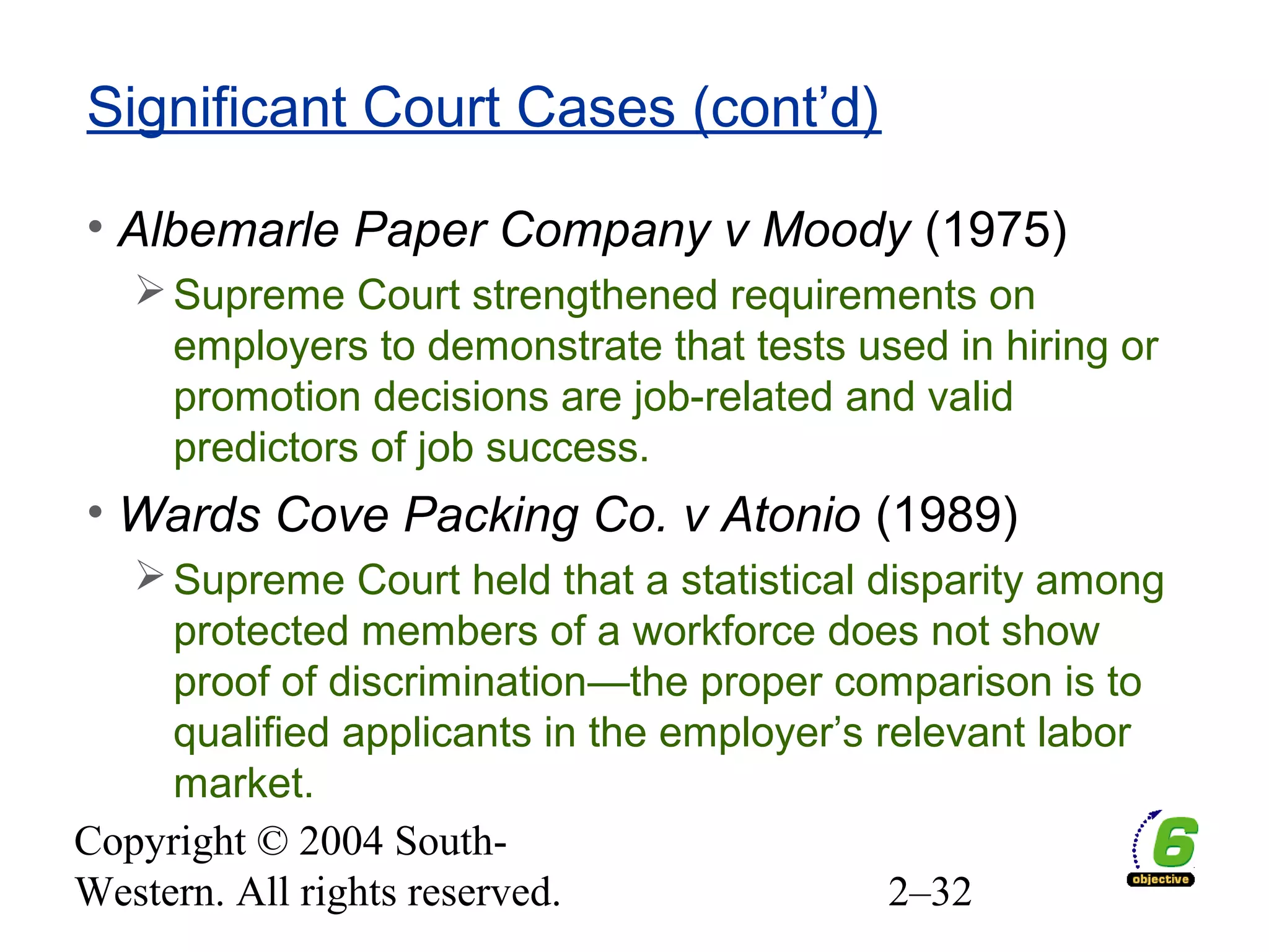 Copyright © 2004 South-
Western. All rights reserved. 2–32
Significant Court Cases (cont’d)
• Albemarle Paper Company v Moody (1975)
Supreme Court strengthened requirements on
employers to demonstrate that tests used in hiring or
promotion decisions are job-related and valid
predictors of job success.
• Wards Cove Packing Co. v Atonio (1989)
Supreme Court held that a statistical disparity among
protected members of a workforce does not show
proof of discrimination—the proper comparison is to
qualified applicants in the employer’s relevant labor
market.
 