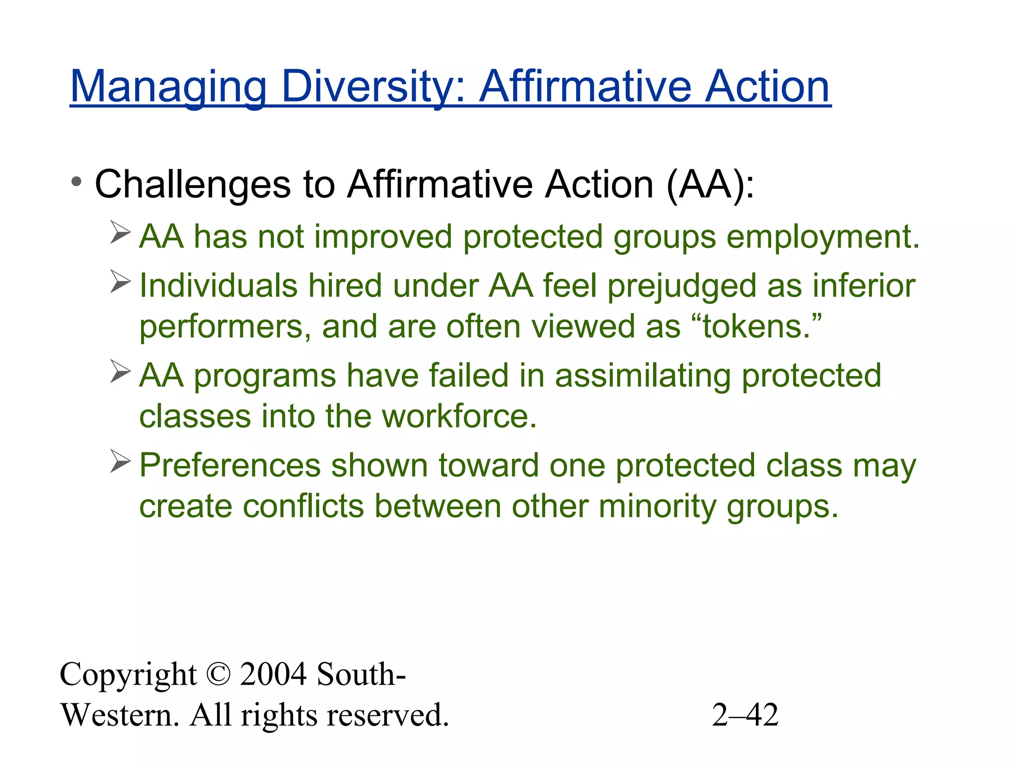 Copyright © 2004 South-
Western. All rights reserved. 2–42
Managing Diversity: Affirmative Action
• Challenges to Affirmative Action (AA):
AA has not improved protected groups employment.
Individuals hired under AA feel prejudged as inferior
performers, and are often viewed as “tokens.”
AA programs have failed in assimilating protected
classes into the workforce.
Preferences shown toward one protected class may
create conflicts between other minority groups.
 