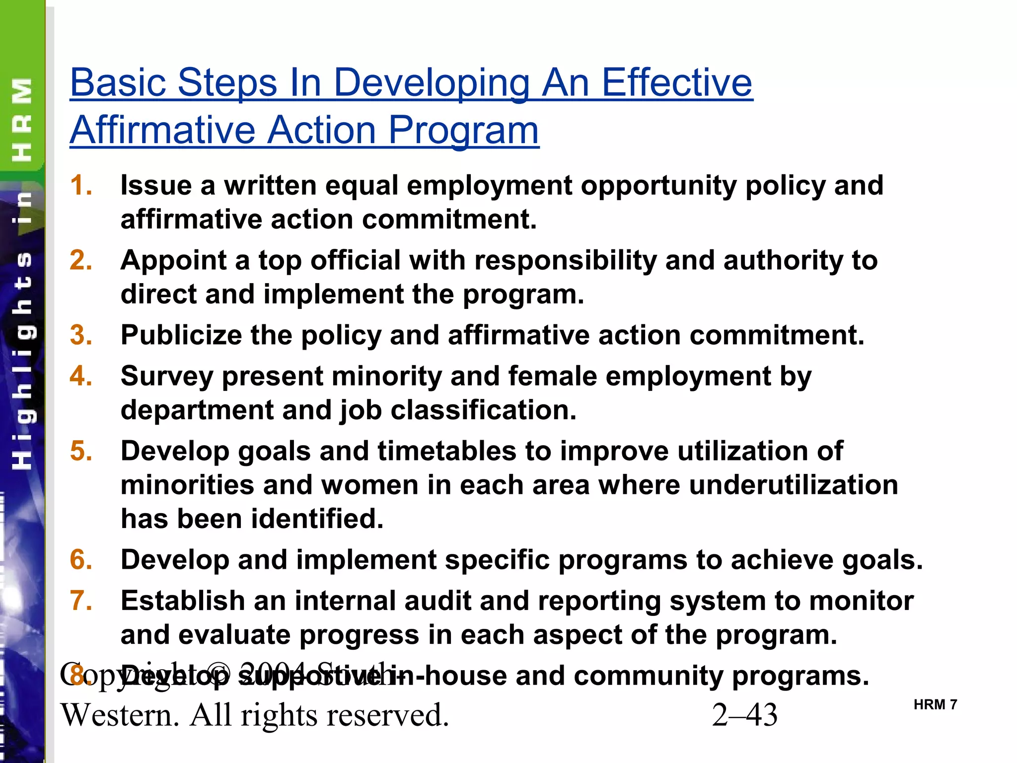 Copyright © 2004 South-
Western. All rights reserved. 2–43
Basic Steps In Developing An Effective
Affirmative Action Program
1. Issue a written equal employment opportunity policy and
affirmative action commitment.
2. Appoint a top official with responsibility and authority to
direct and implement the program.
3. Publicize the policy and affirmative action commitment.
4. Survey present minority and female employment by
department and job classification.
5. Develop goals and timetables to improve utilization of
minorities and women in each area where underutilization
has been identified.
6. Develop and implement specific programs to achieve goals.
7. Establish an internal audit and reporting system to monitor
and evaluate progress in each aspect of the program.
8. Develop supportive in-house and community programs.
HRM 7
 