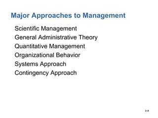 2–8
Major Approaches to Management
• Scientific Management
• General Administrative Theory
• Quantitative Management
• Organizational Behavior
• Systems Approach
• Contingency Approach
 
